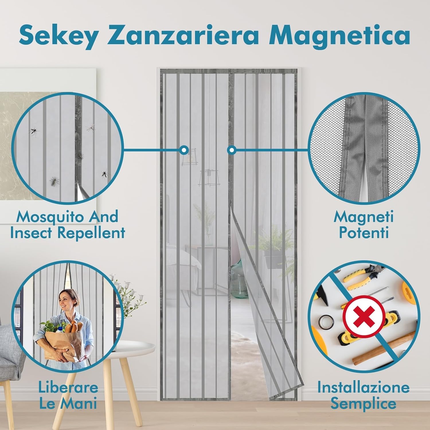 Thumbnail 1 de Zanzariera magnetica Sekey 110x220 cm per porta in legno, ferro e alluminio (grigio)