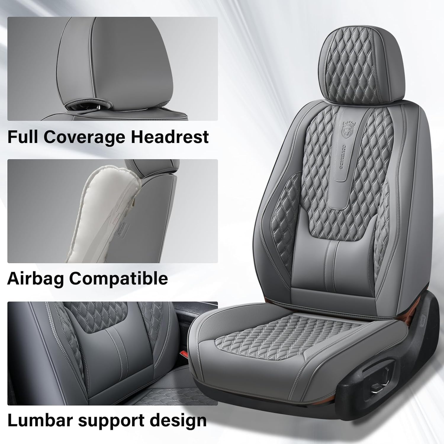 Thumbnail 2 de Coverado Car Seat Covers Full Set: Nappa Leather, Gray, with Lumbar Support and Waterproof Protection