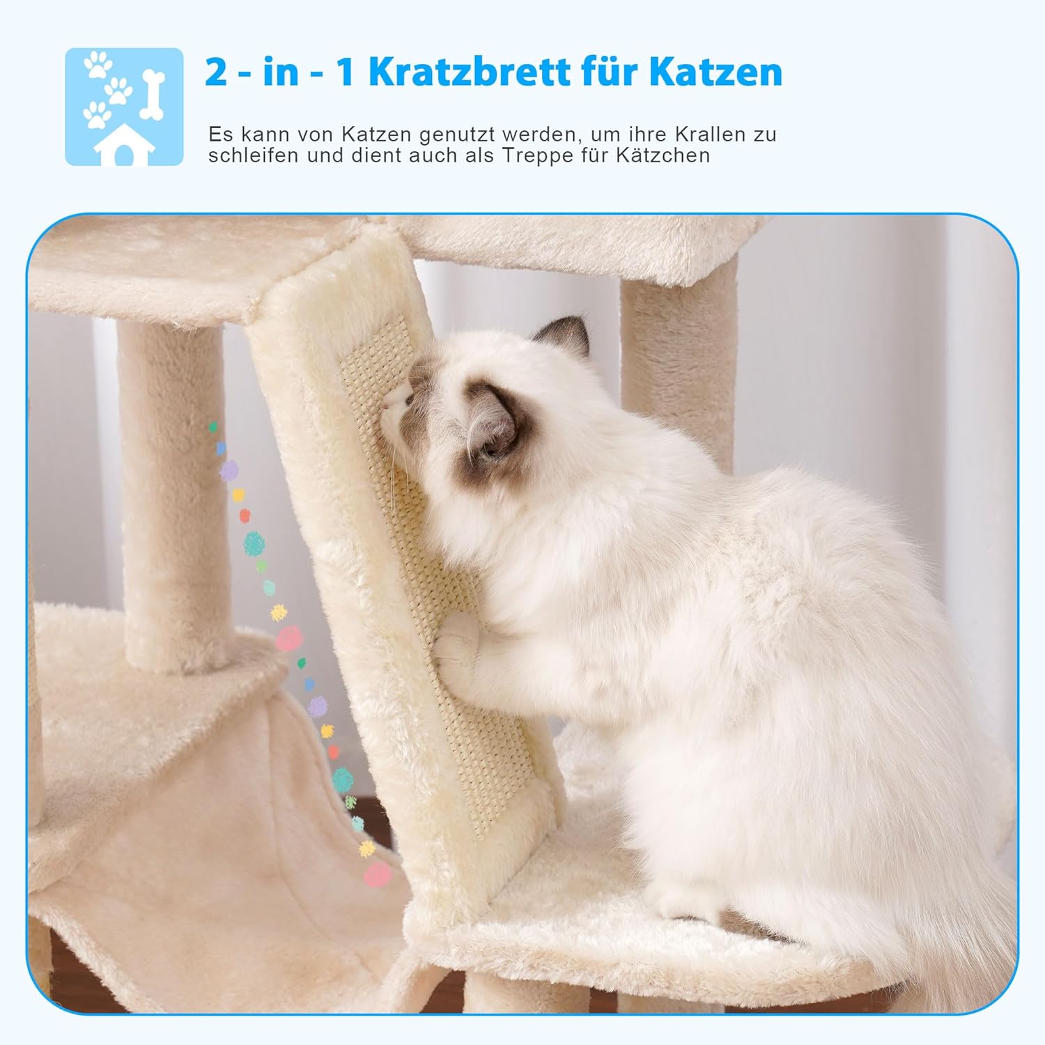 Thumbnail 5 de Hey-Brother Kratzbaum (135 cm) Indoor Katzenbaum mit gepolsterter Plattform, Höhle, Hängematte & Sisal Kratzfläche – Beige MPJ019-SM