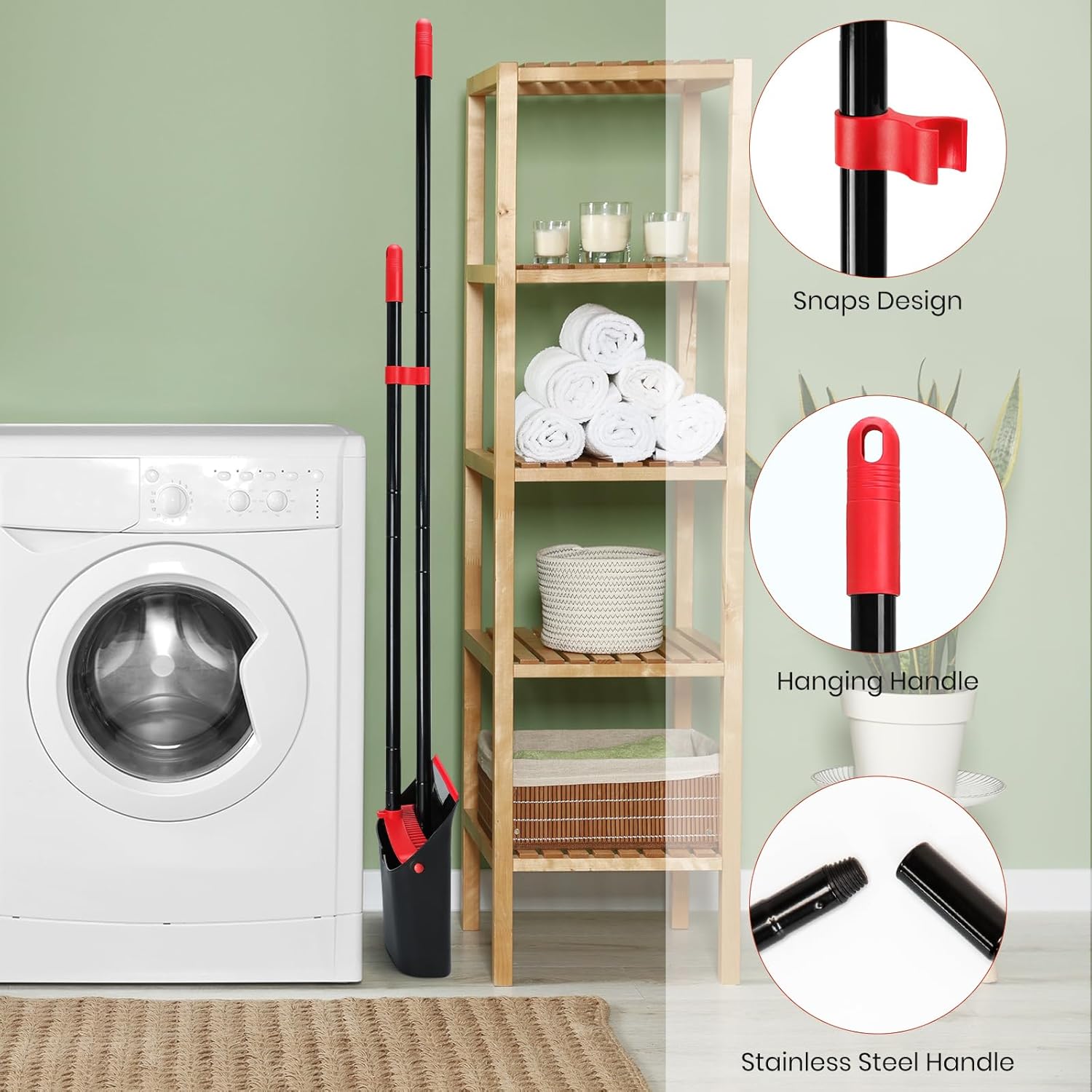 Thumbnail 5 de TreeLen Dust Pan and Broom Combo with 52" Handle and Upright Stand (Black/Red)