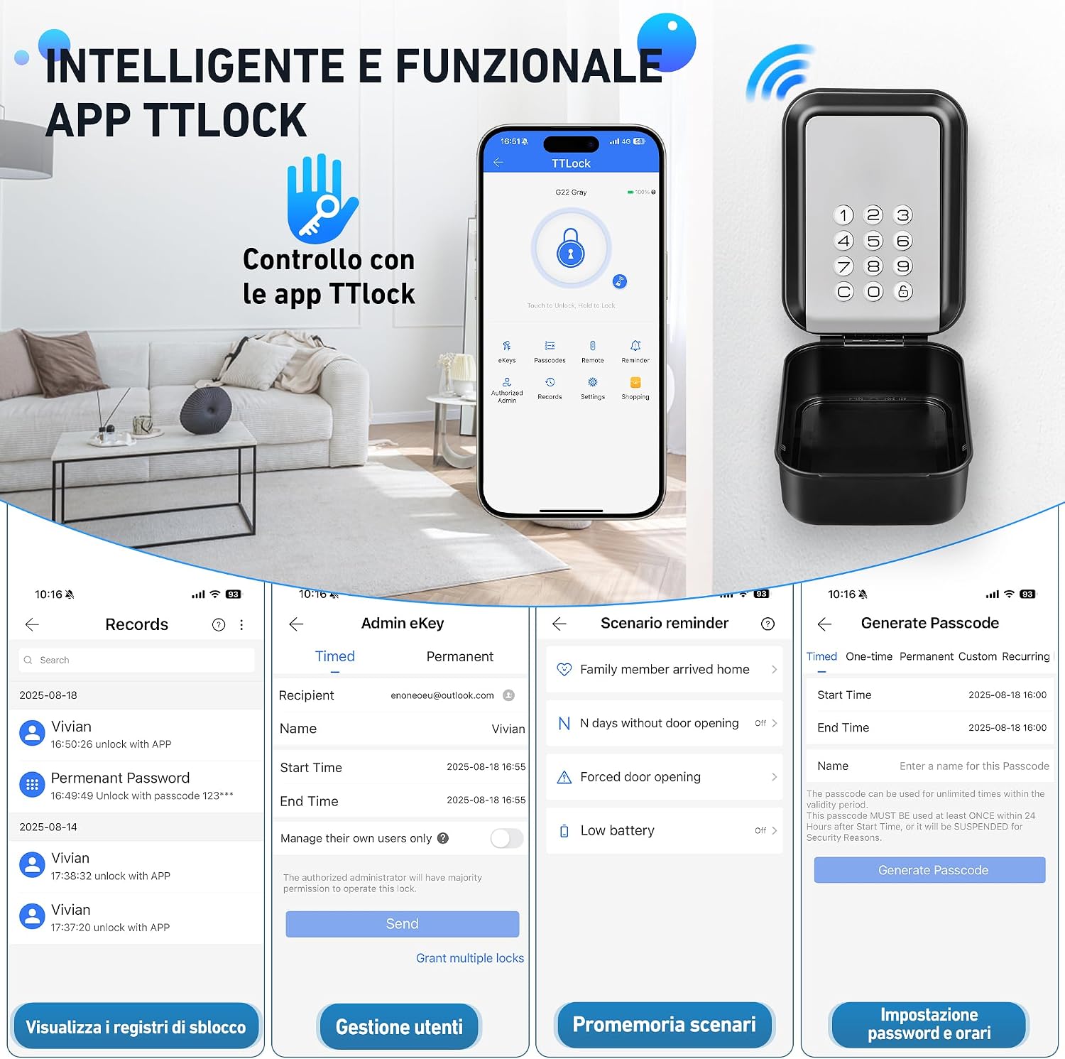 Detalle de ENONEO Cassetta di Sicurezza per Chiavi Esterno Impermeabile con Bluetooth e Controllo App – 10x8x5 cm