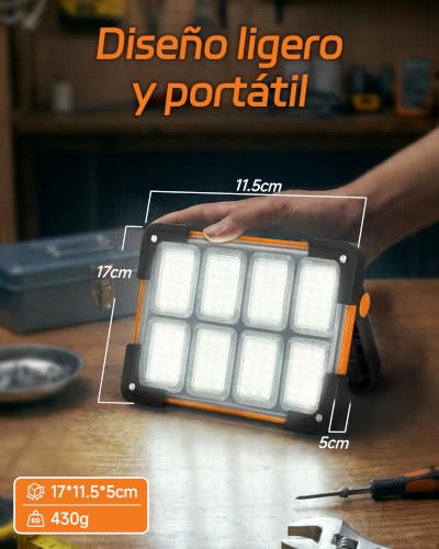 Detalle de DANCINGBOAR Foco LED Recargable Solar 6000 mAh: Luz de Trabajo Exterior en Pack de 2