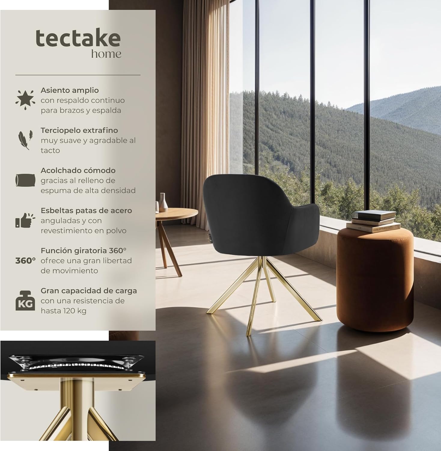 Thumbnail 3 de TecTake® Silla Giratoria Tapizada con Respaldo Continuo🪑 Negro/Oro (4 unidades)
