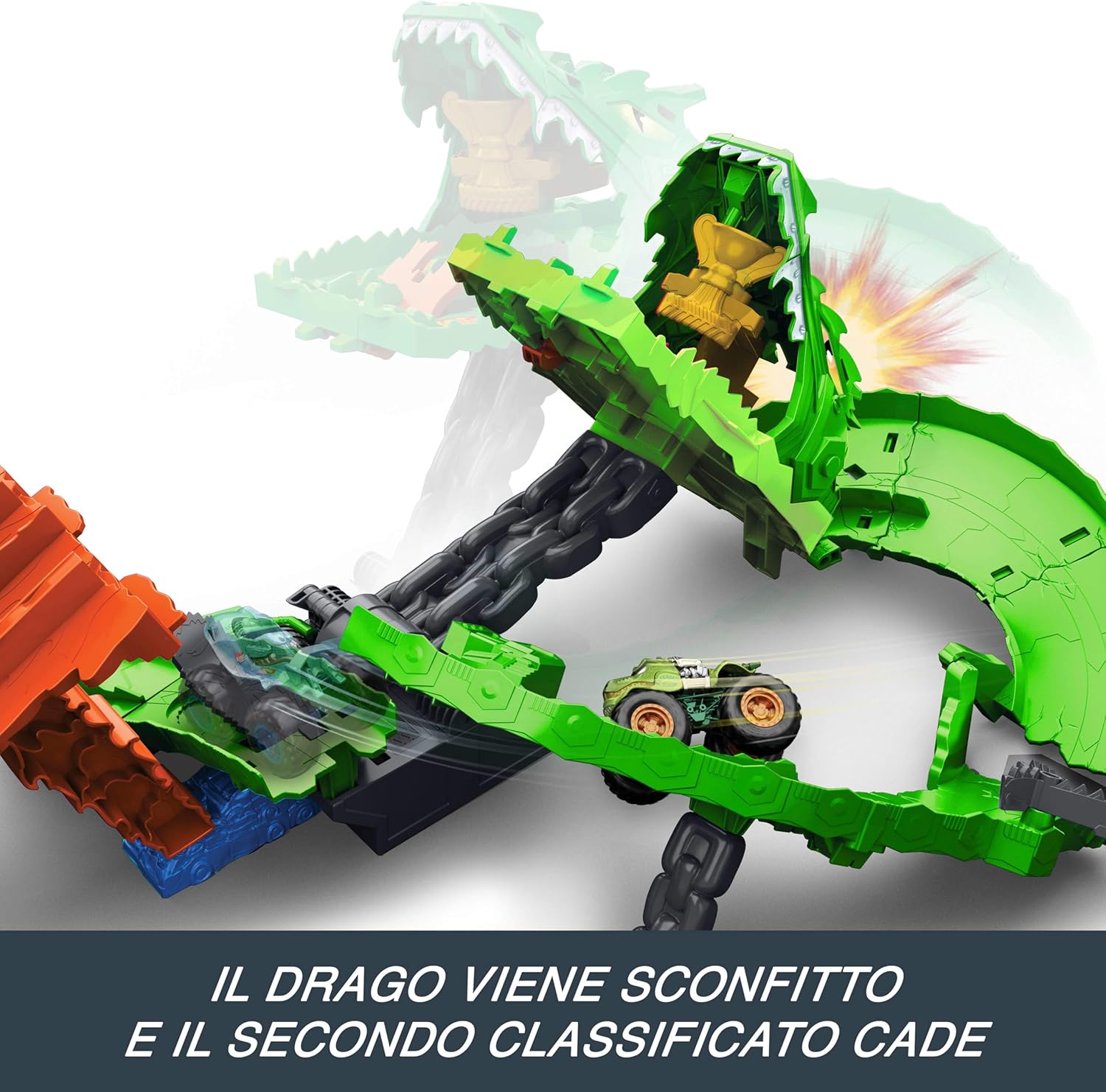 Thumbnail 4 de Hot Wheels Monster Trucks Sharks vs. Dinos Dragon Destruction (Great Bite e Rageasaur) set giocattolo 4+ JGB06