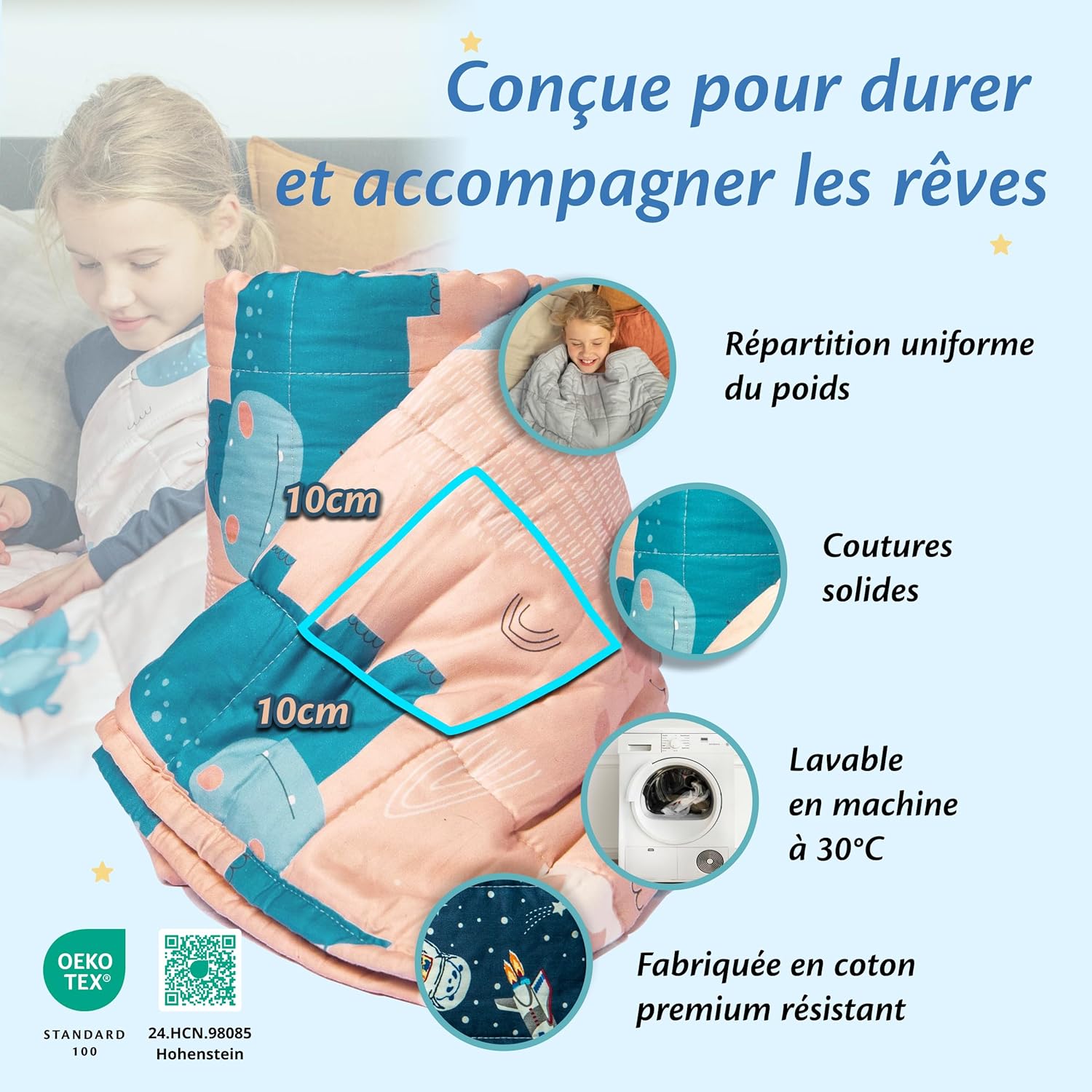 Thumbnail 5 de Ella Couverture lestée enfant Hippo 3,2 kg (100 x 150 cm) aux perles de verre hypoallergéniques