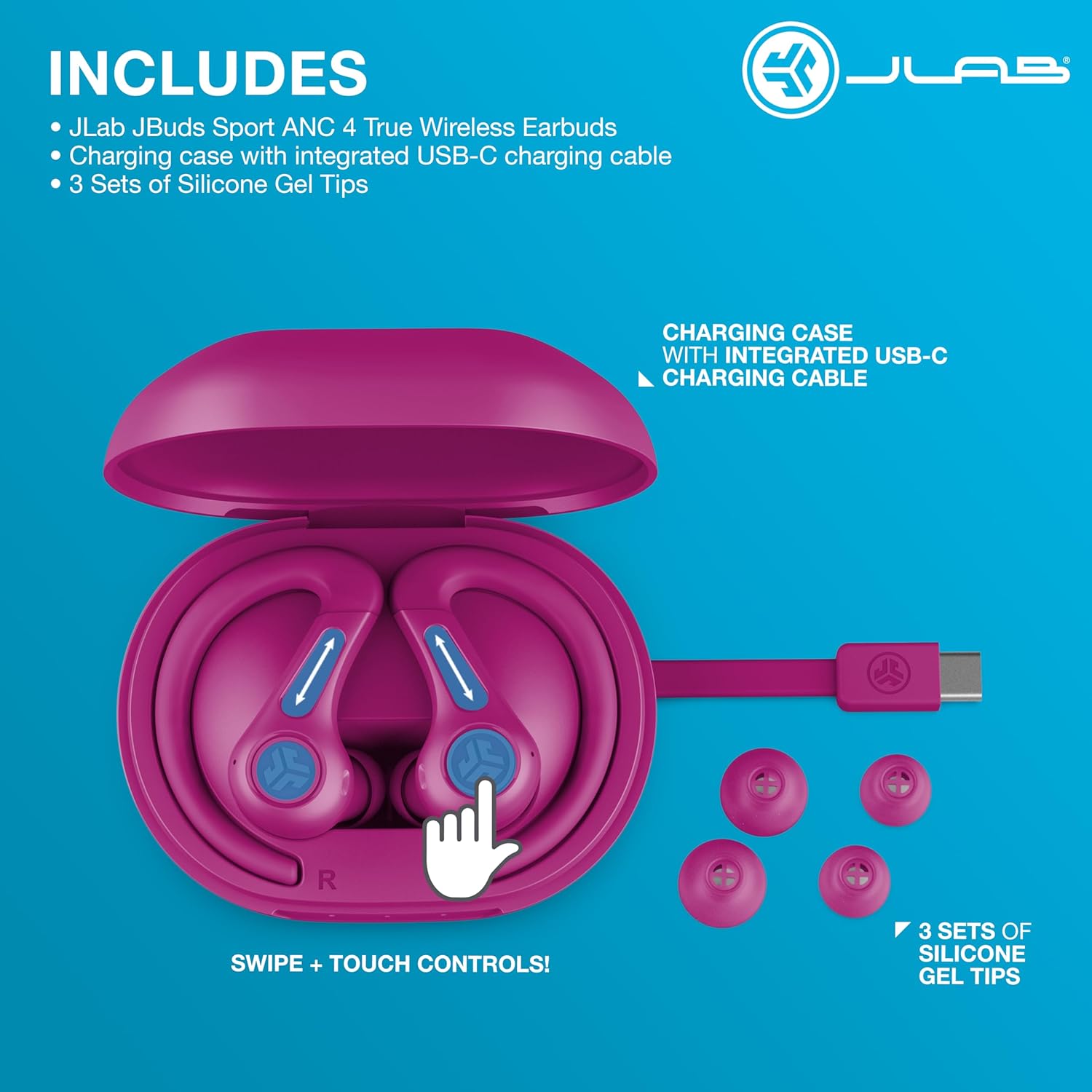 Thumbnail 6 de JLab JBuds Sport ANC 4 auricolari sportivi in-ear Bluetooth con ANC ibrida, fino a 60h e custodia USB‑C (rosa)