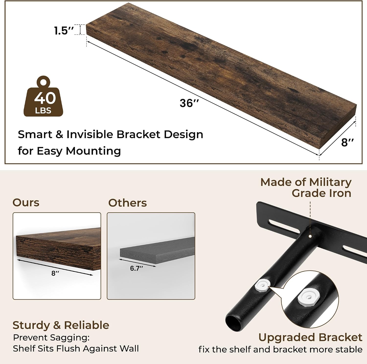 Thumbnail 3 de RICHFOCUS 36-Inch Floating Shelves (2-Pack) with Invisible Brackets – Rustic Brown
