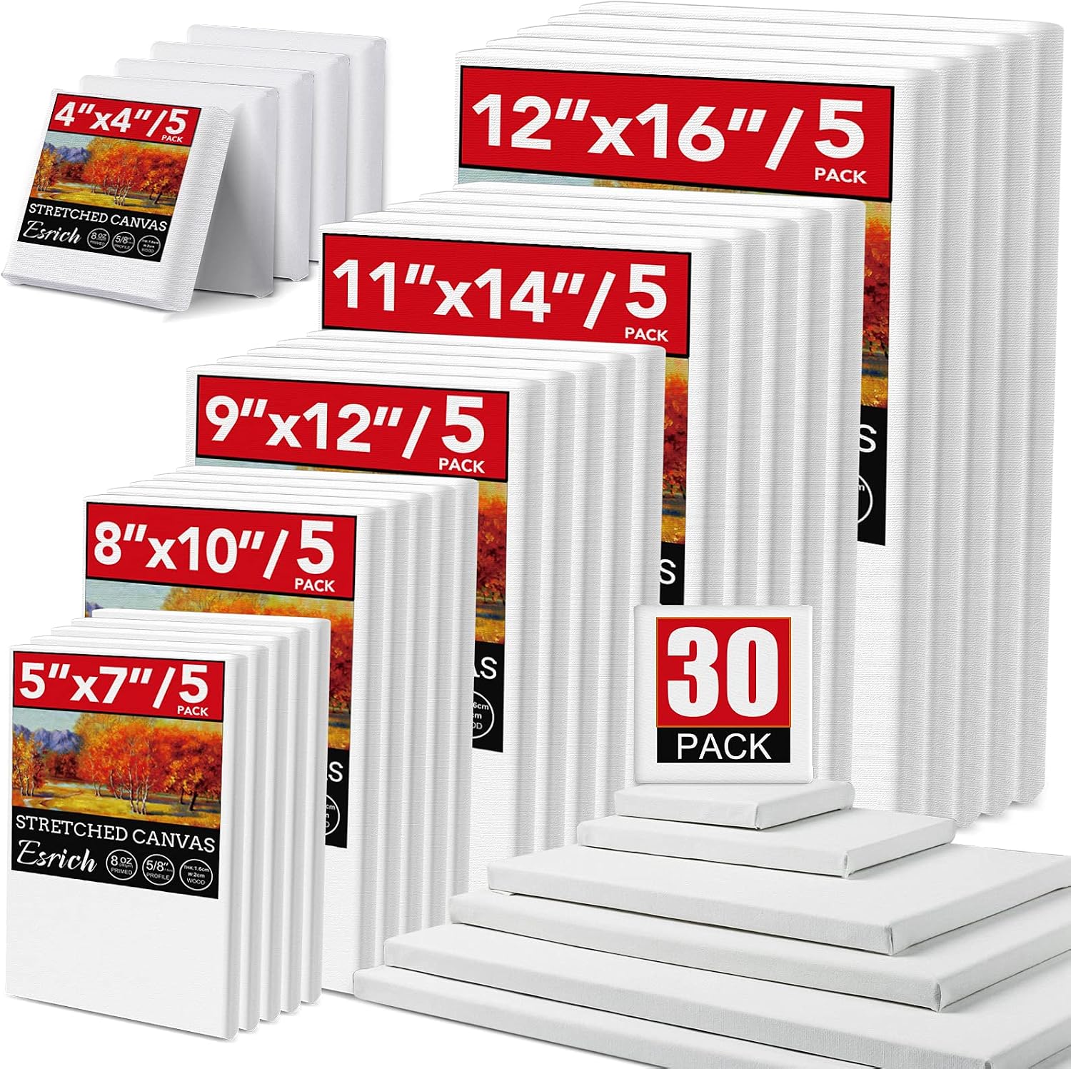 ESRICH 30 Pack Painting Canvases 4x4 to 12x16