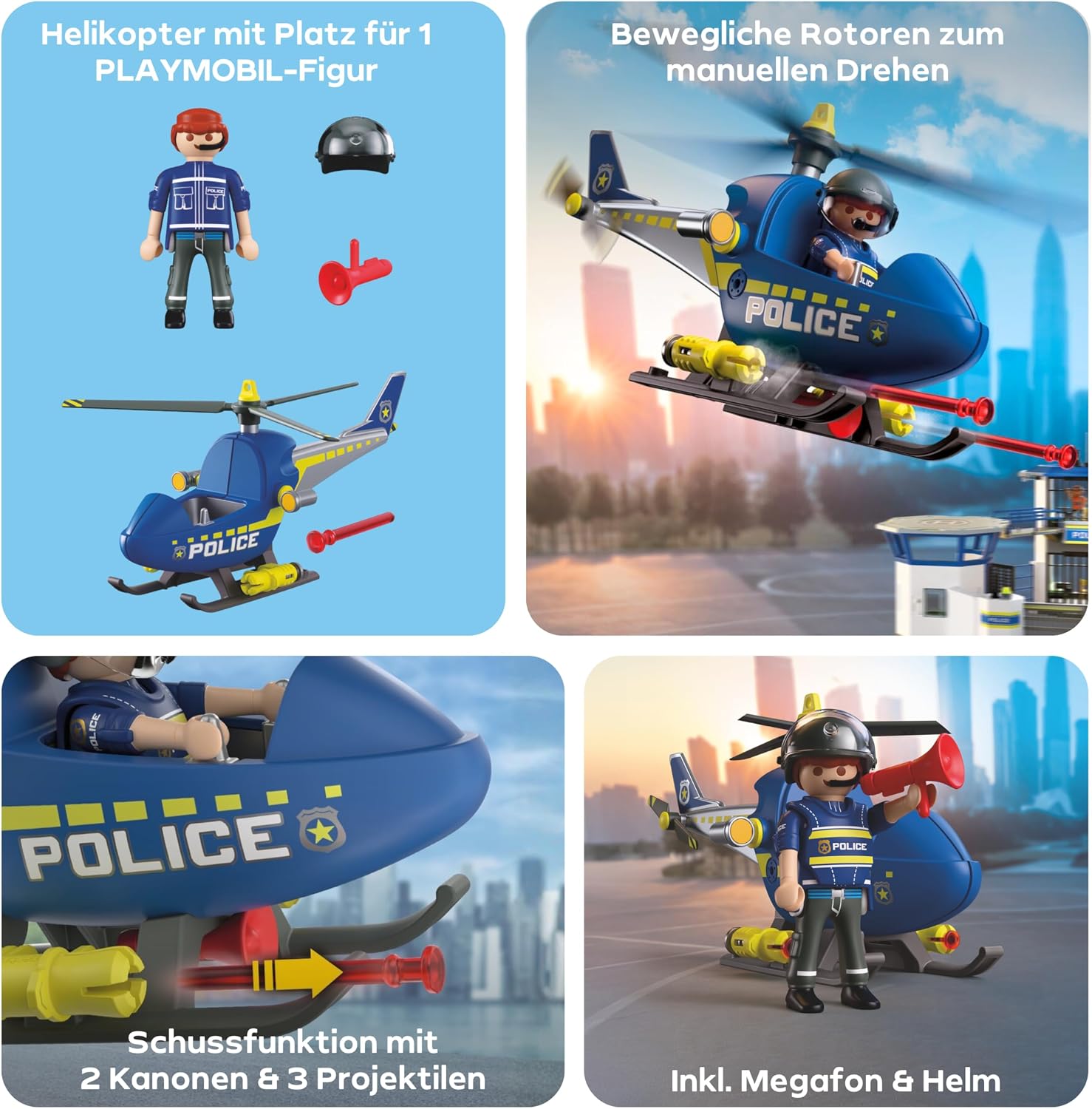 Detalle 2 de PLAYMOBIL City Action Polizeihelikopter 72080 – mit drehbaren Rotoren, 2 Kanonen und Polizeistandard