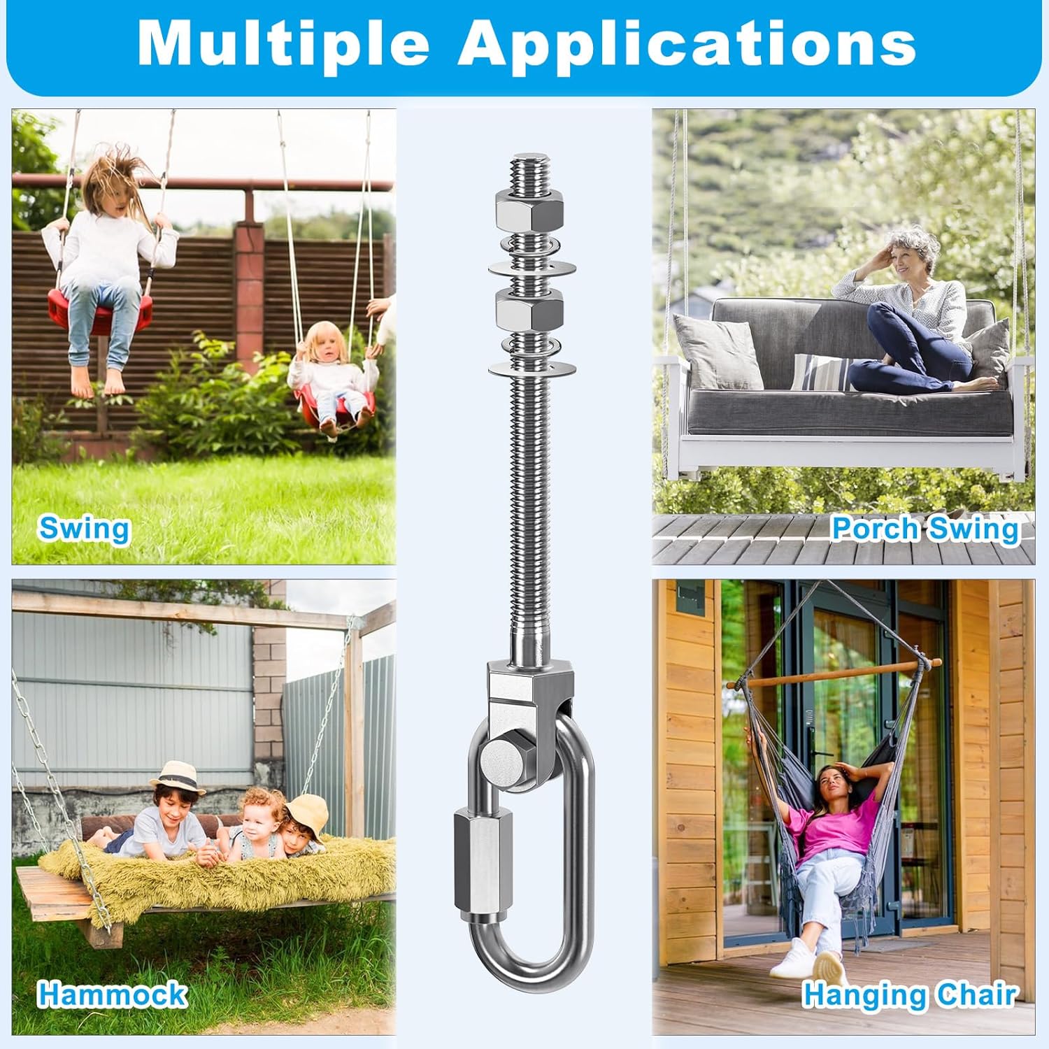Thumbnail 5 de Dolibest 4er Schaukelhaken für Holzbalken M10 x 128 mm (Edelstahl, drehbar) inkl. Karabiner – bis 680 kg
