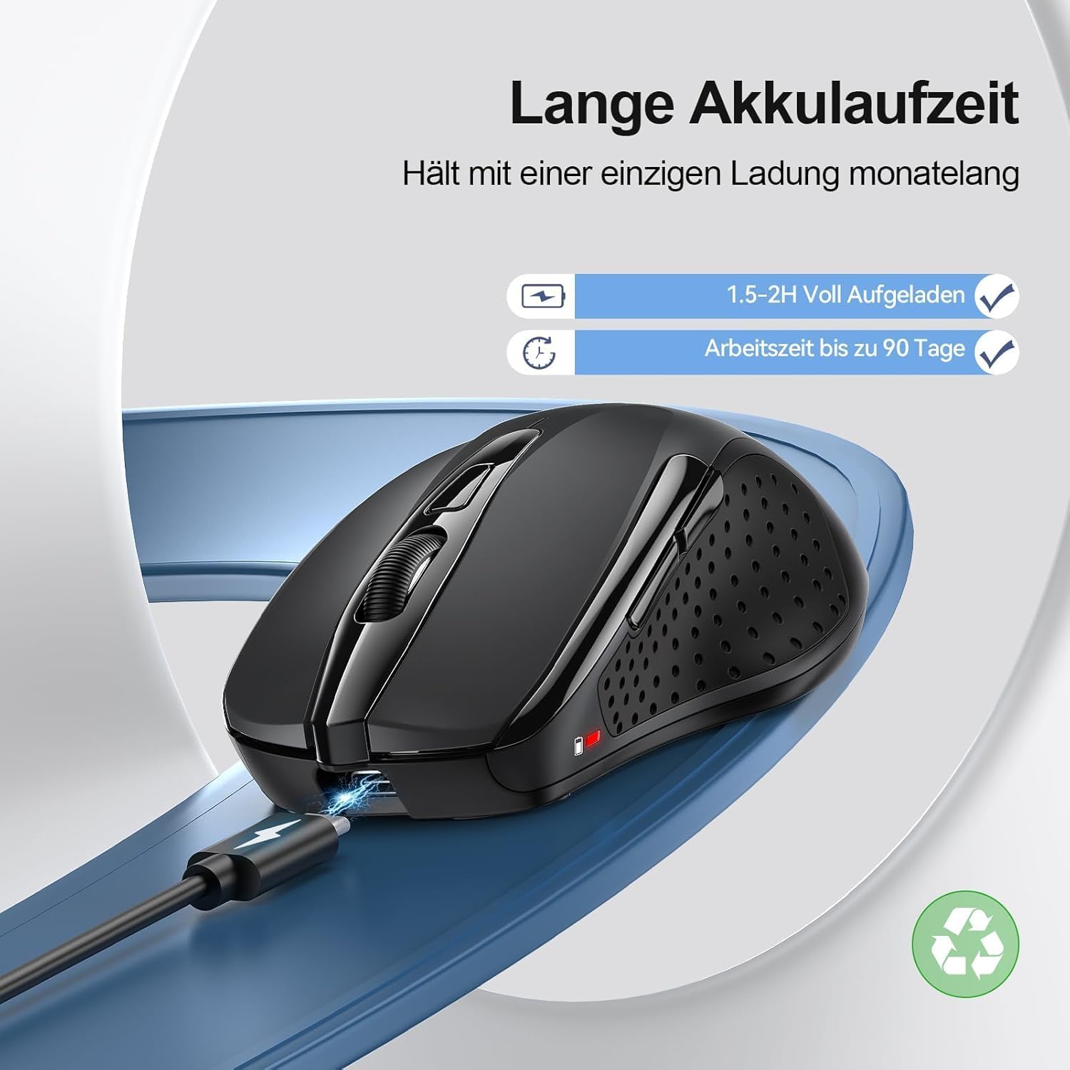 Detalle 2 de TECKNET Bluetooth Maus (wiederaufladbar, 3 Modi BT 5.0/3.0 + 2,4 GHz, 4800 DPI) – schwarz