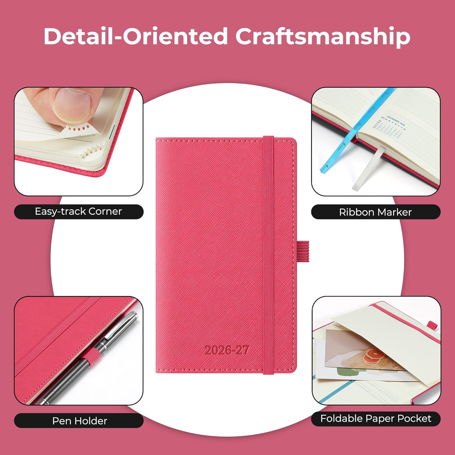 Thumbnail 5 de IN-LUXPRO Academic Diary 2026-2027 – Pocket A6 Week to View Slim (16.4x9.5cm) in Rose Red PU Leather