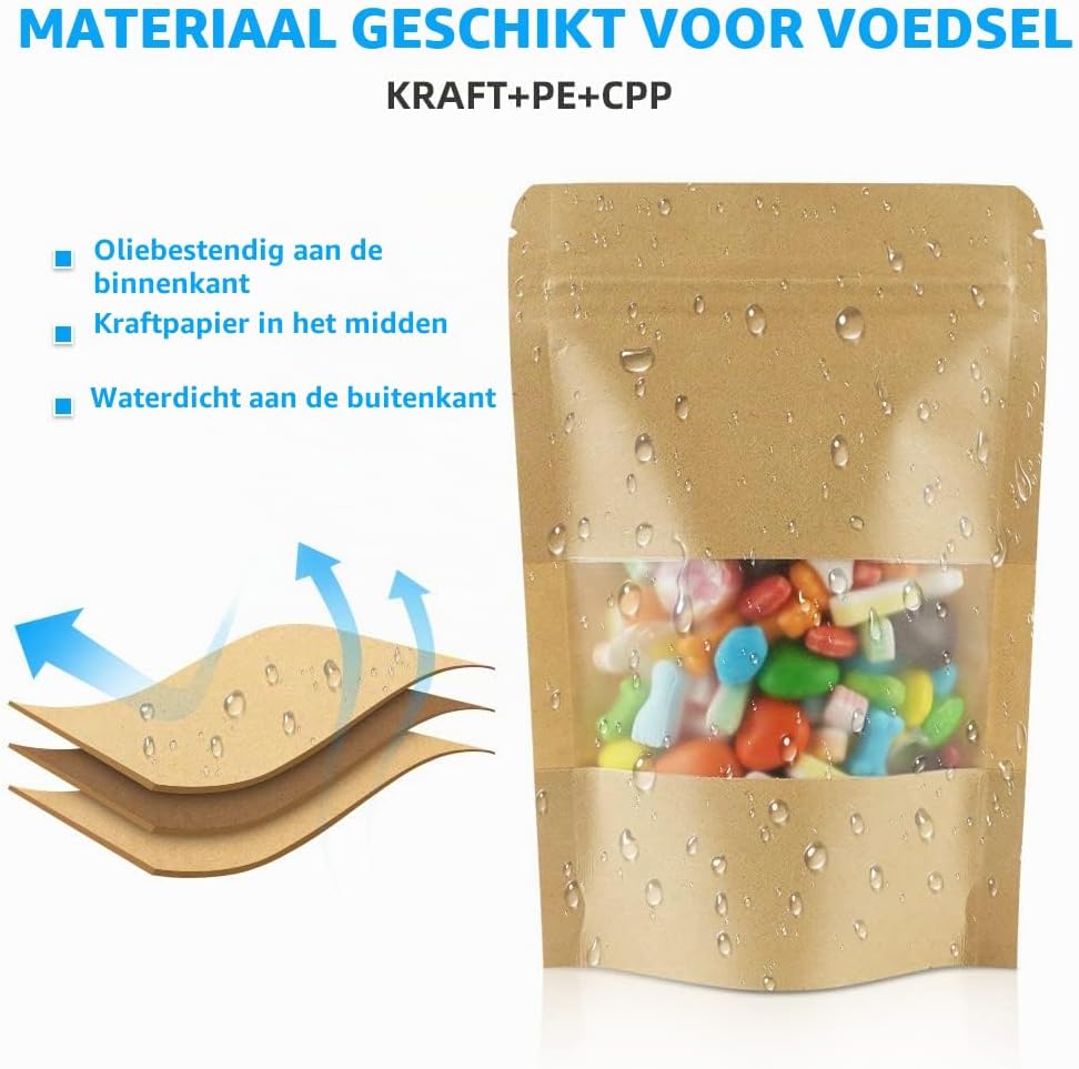 Detalle de AUAUY 1 staande kraftzakjes met venster, hersluitbaar, 10 x 15 cm