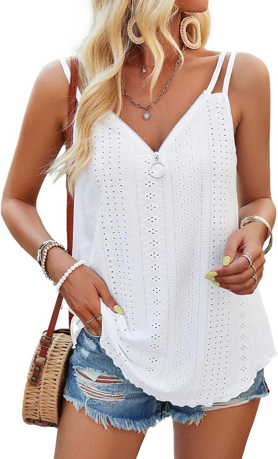 Detalle de SEDEX Women's Loose Fit Tank Top: Sleeveless Vest with Eyelet Embroidery