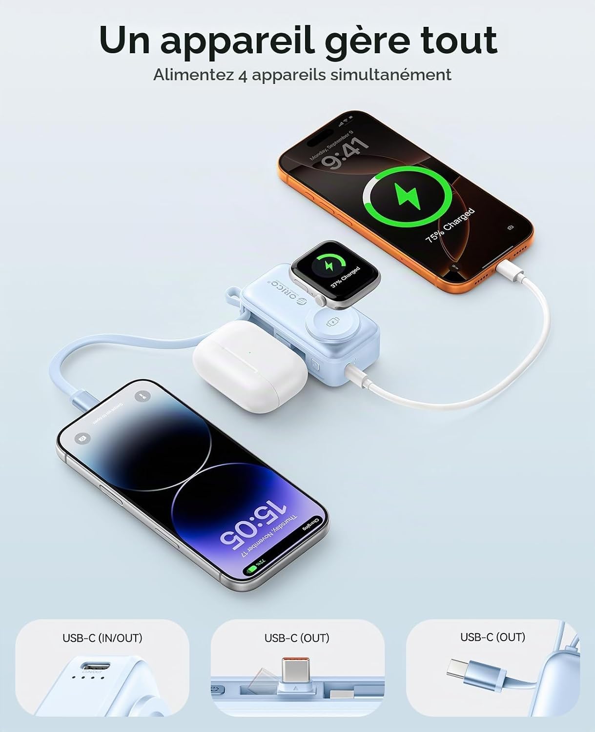 Thumbnail 1 de ORICO Mini Power Bank 5000mAh — Chargeur 3-en-1 PD 22,5W avec USB-C pliable et câble intégré, magnétique Apple Watch, Bleu