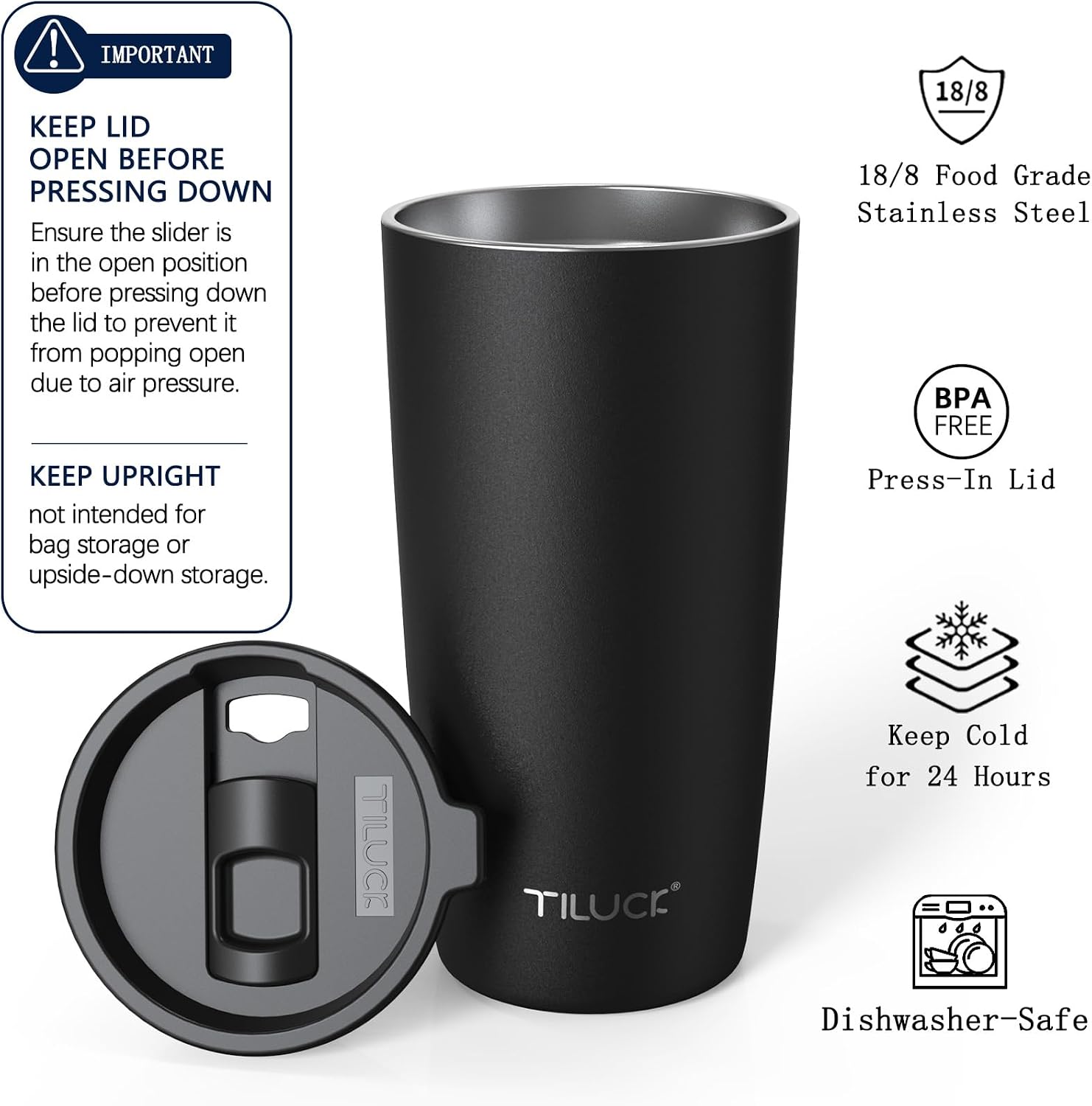 Detalle 2 de TILUCK 20 oz Insulated Coffee Tumbler with BPA-Free Lid, Matte Black