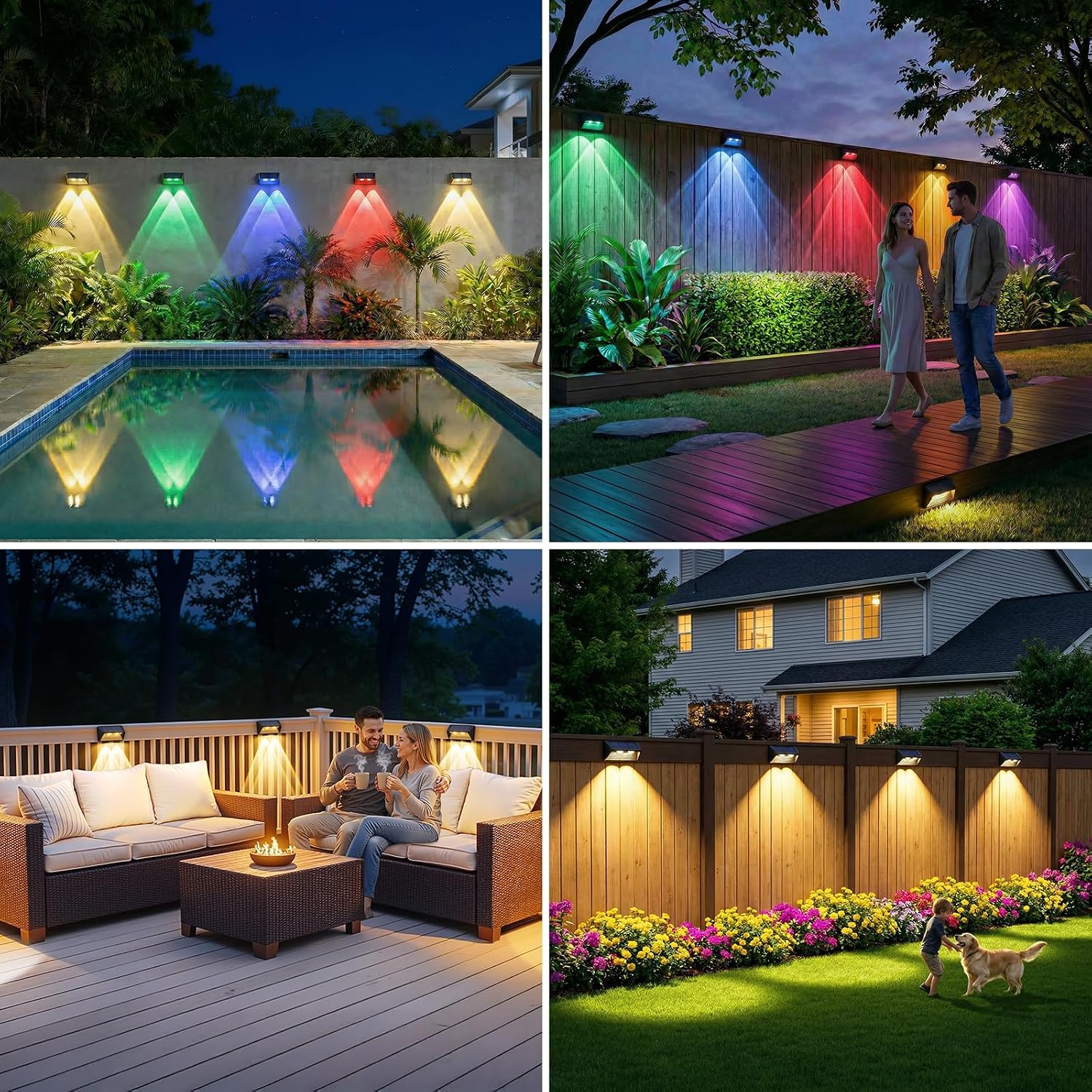 Detalle 2 de BUCASA Solar Fence Lights Outdoor Garden 4 Pack: 3000K Warm + RGB Colour, 8 Modes, IP65, Solar Powered