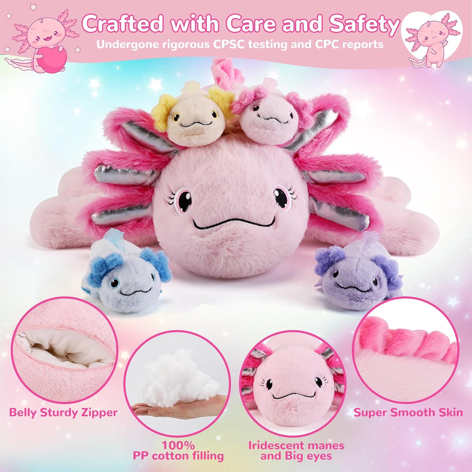 Thumbnail 3 de Gnomantic 5-Piece Axolotl Plush Set: 1 Mommy Axolotl with 4 Babies Inside Belly (Pink)