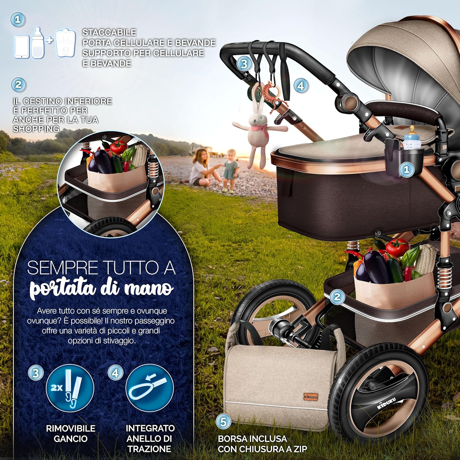 Thumbnail 6 de KIDUKU 3 in 1 Passeggino Completo Trio: sistema combinato con navicella, seggiolino auto e accessori inclusi