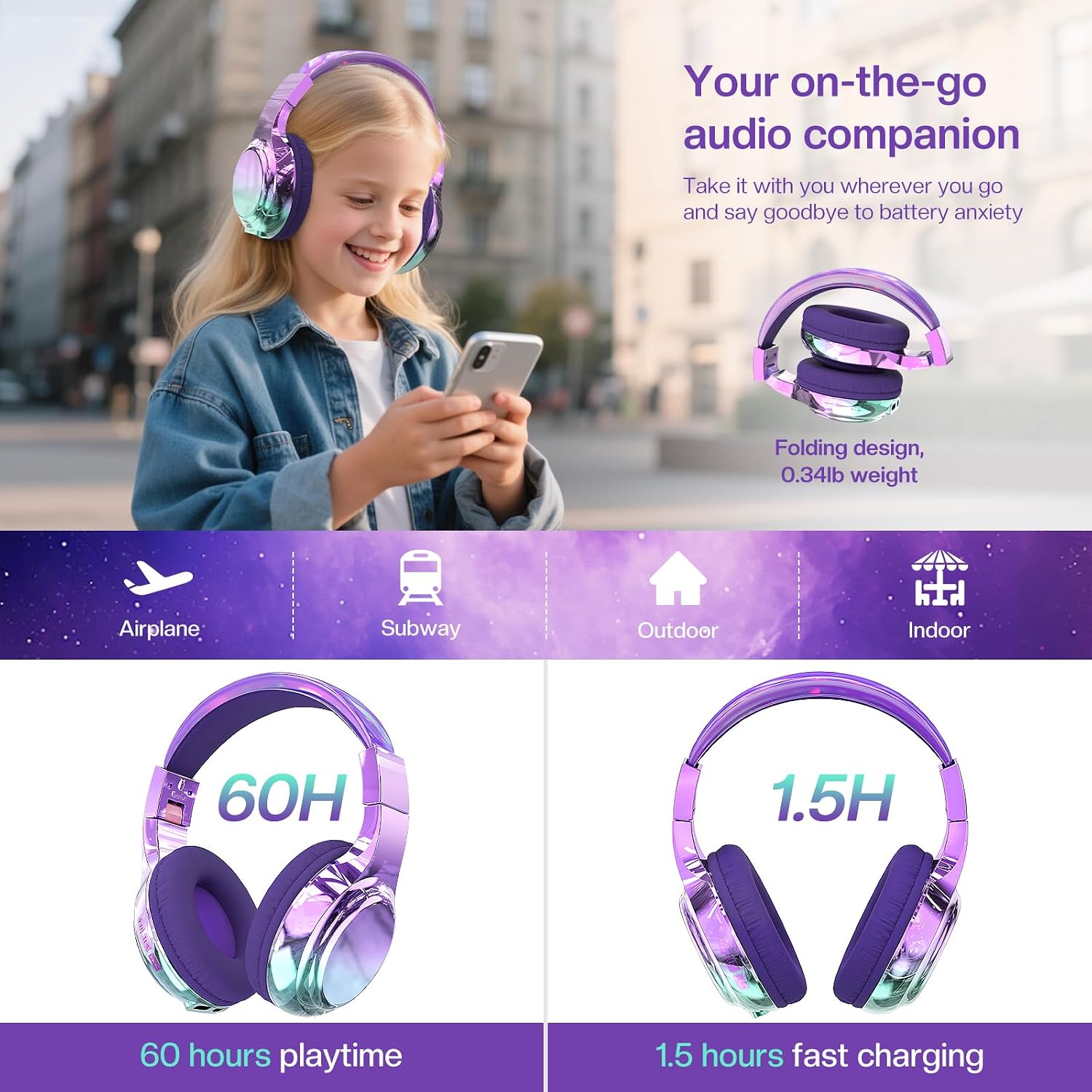 Thumbnail 2 de QearFun Kids Bluetooth Headphones 60H
