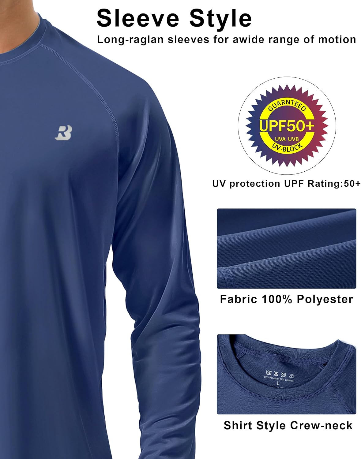 Detalle 2 de Roadbox Men’s UV Protection SPF 50+ Long-Sleeve Rash Guard Shirt (UPF 50+)