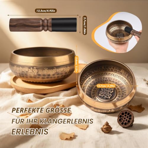 Detalle de Carastek Große Original Tibetische Klangschalen Set – Ø13 cm, handgehämmert, mit Seidenkissen und Lederschlägel