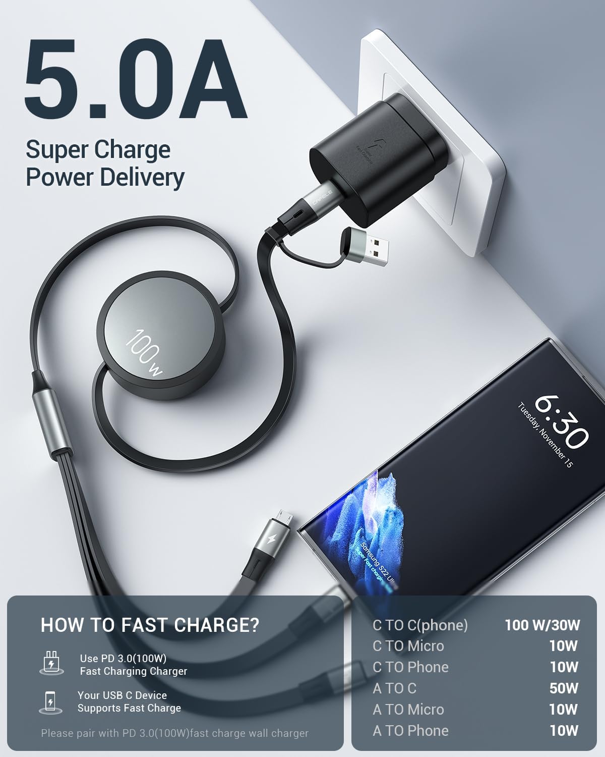 Thumbnail 2 de CAFELE 100W 6-in-1 Retractable USB-C/A Multi Charger Cable