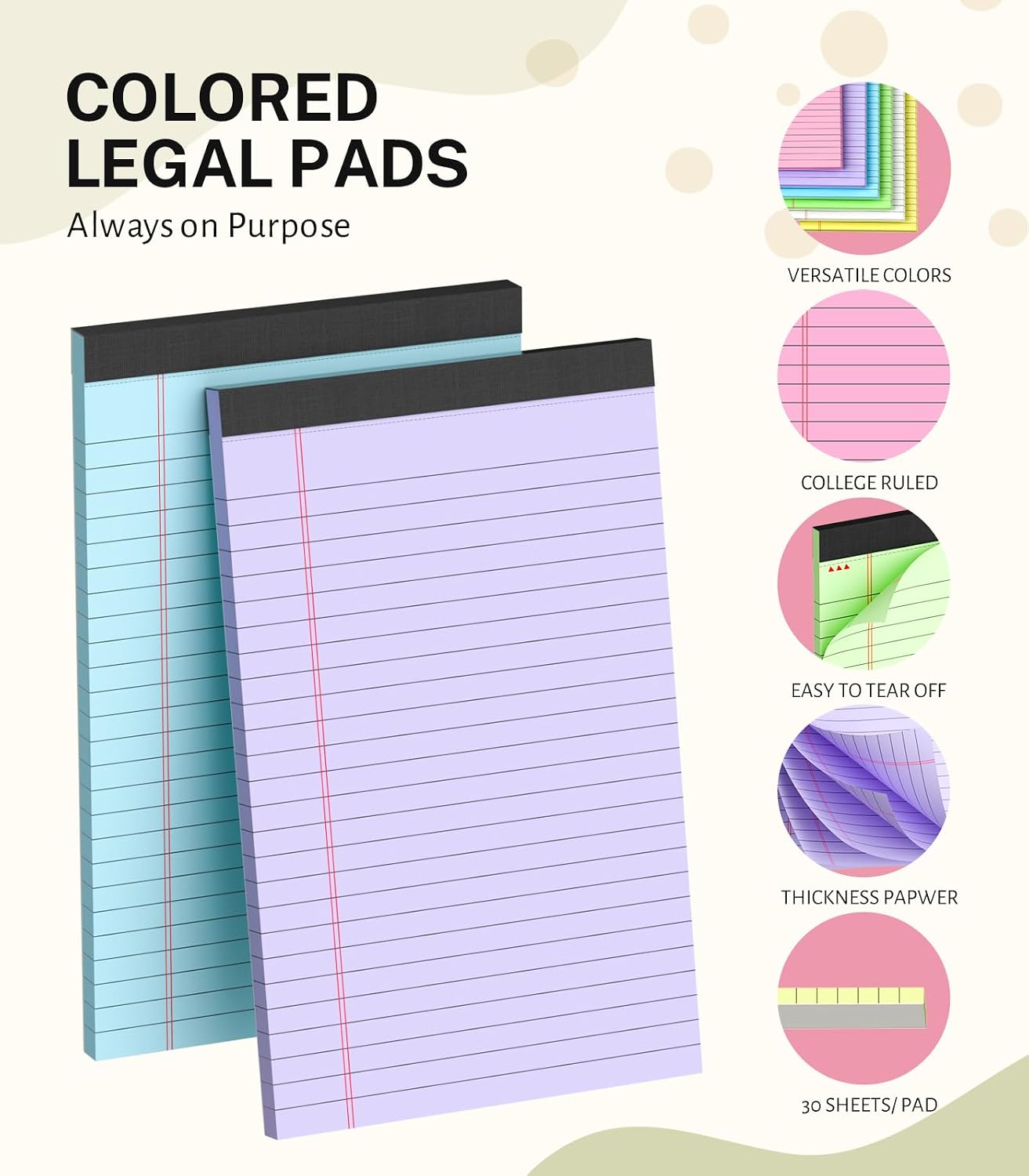 Detalle de PINJINGPRO Colored-5x8-30-24PCS-BGPP 5 x 8-Inch Multicolor Legal Pads, 24-Pack