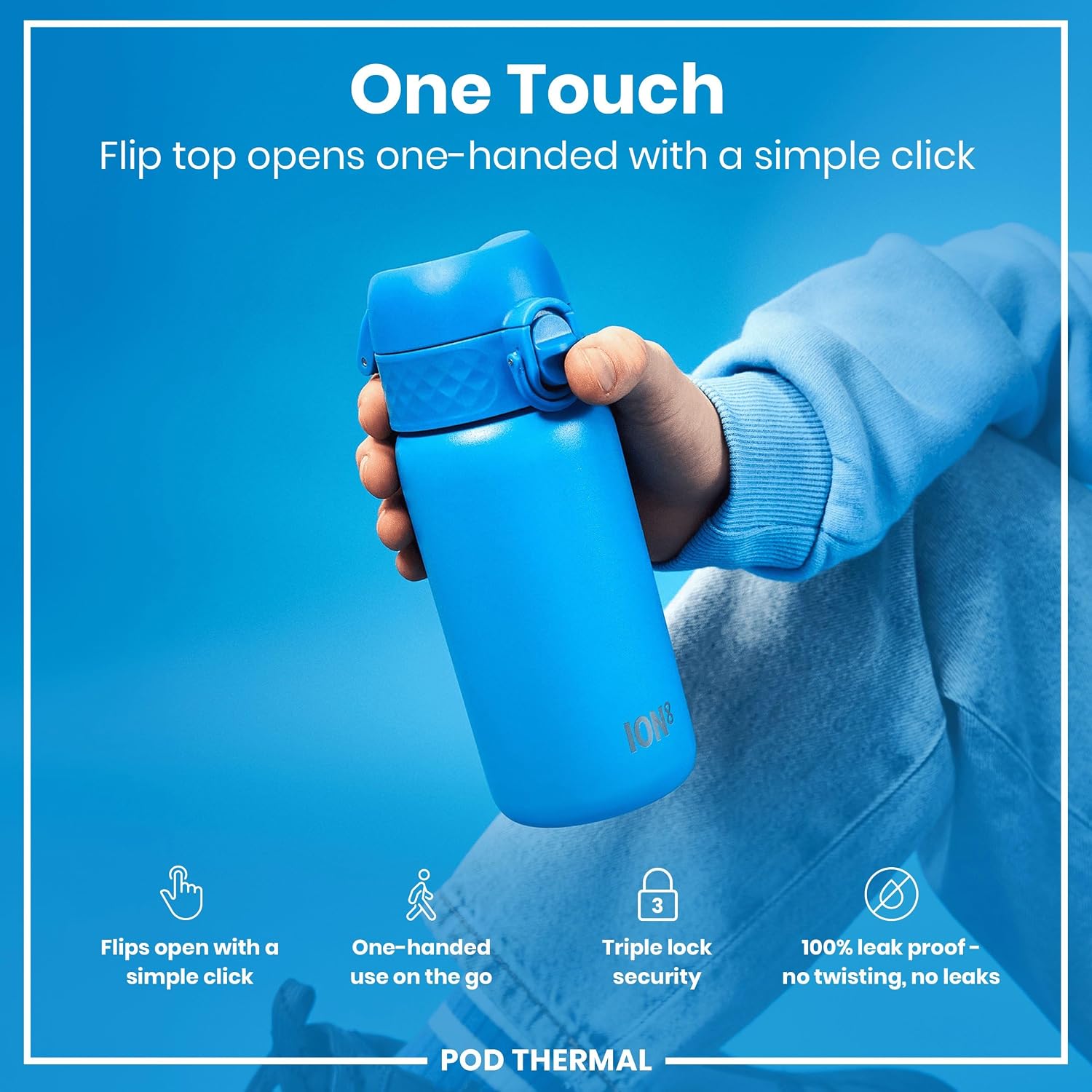 Detalle de ION8 Vacuum Insulated Steel Water Bottle (320 ml) – Leak Proof, Easy Open, Dishwasher Safe
