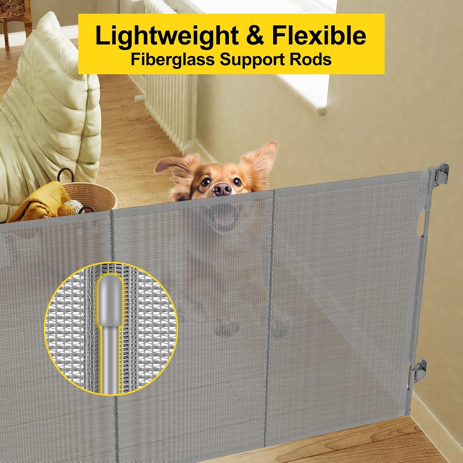 Thumbnail 2 de Bingguz 42" Retractable Baby Gate, 60" Wide, Gray Mesh with Reinforced Rods