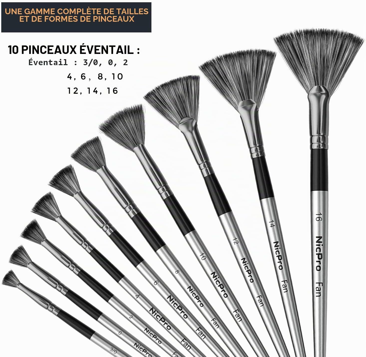 Detalle de Nicpro 10 Pinceaux éventail professionnels en nylon anti-perte – kit multi-tailles pour huile, aquarelle et acrylique