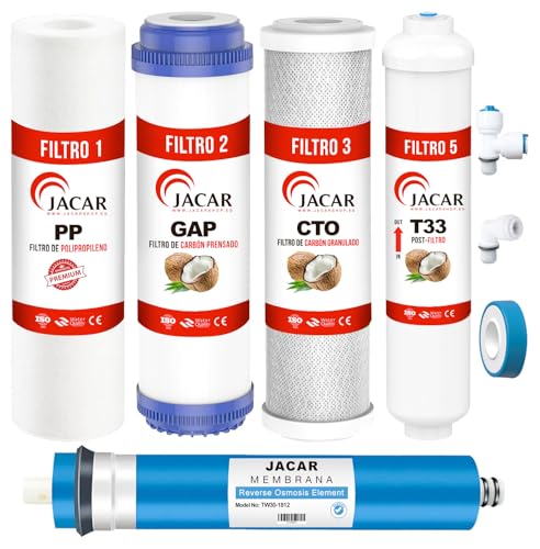 Detalle de JACAR Filtros de Osmosis Inversa de 5 Etapas con Membrana 50 GPD – Kit Universal para Sistemas No Compactos