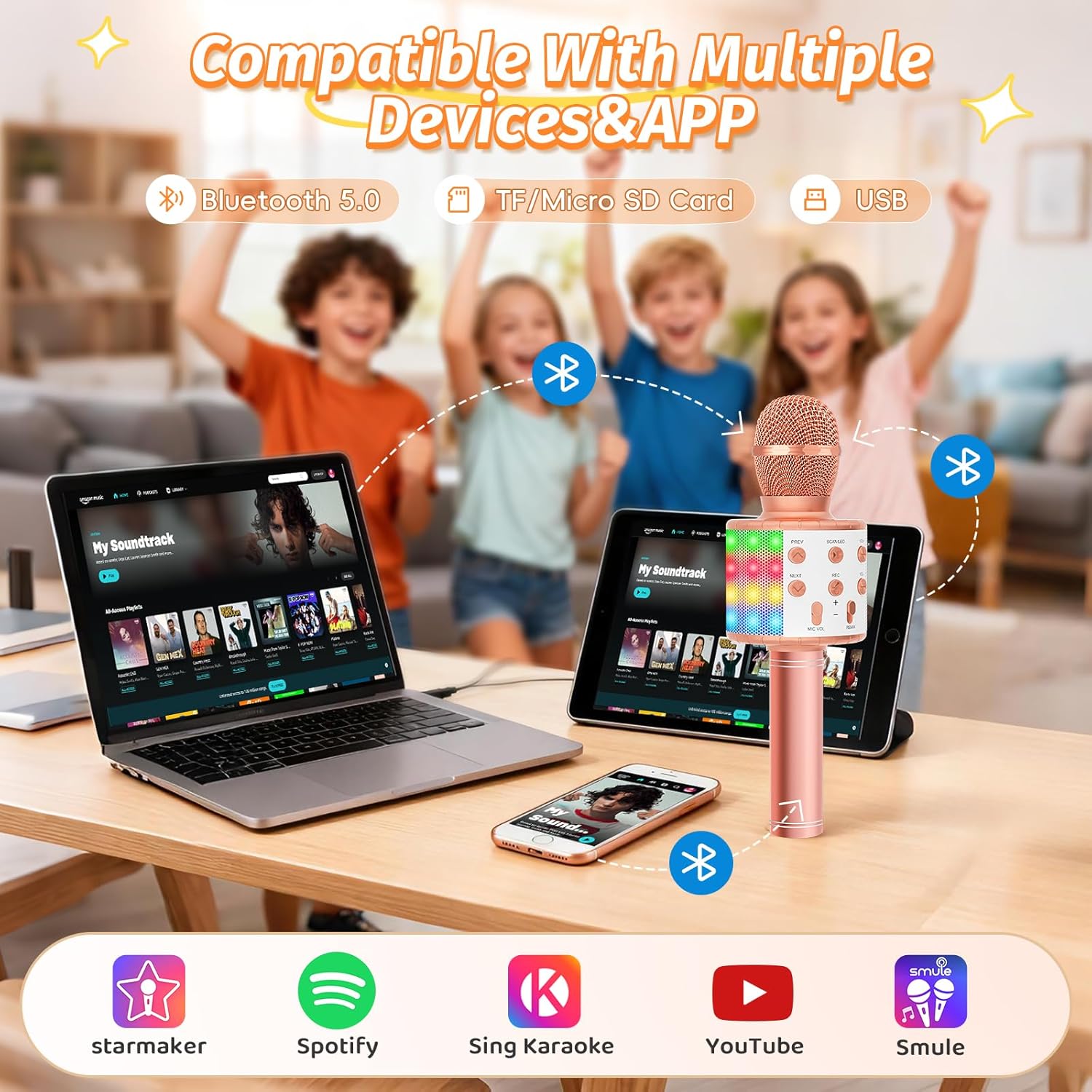 Thumbnail 2 de Fede microfono karaoke Bluetooth wireless per bambini con luci LED multicolore e funzione Eco