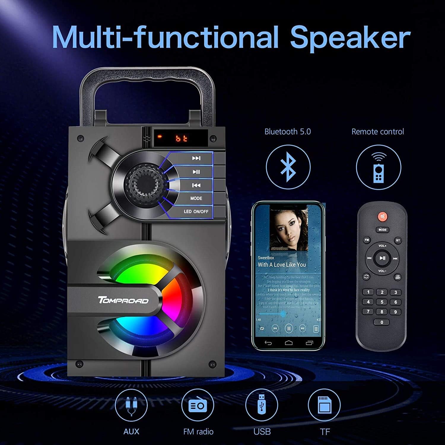 Detalle 2 de Portable Bluetooth Speaker with Subwoofer and LED Lights