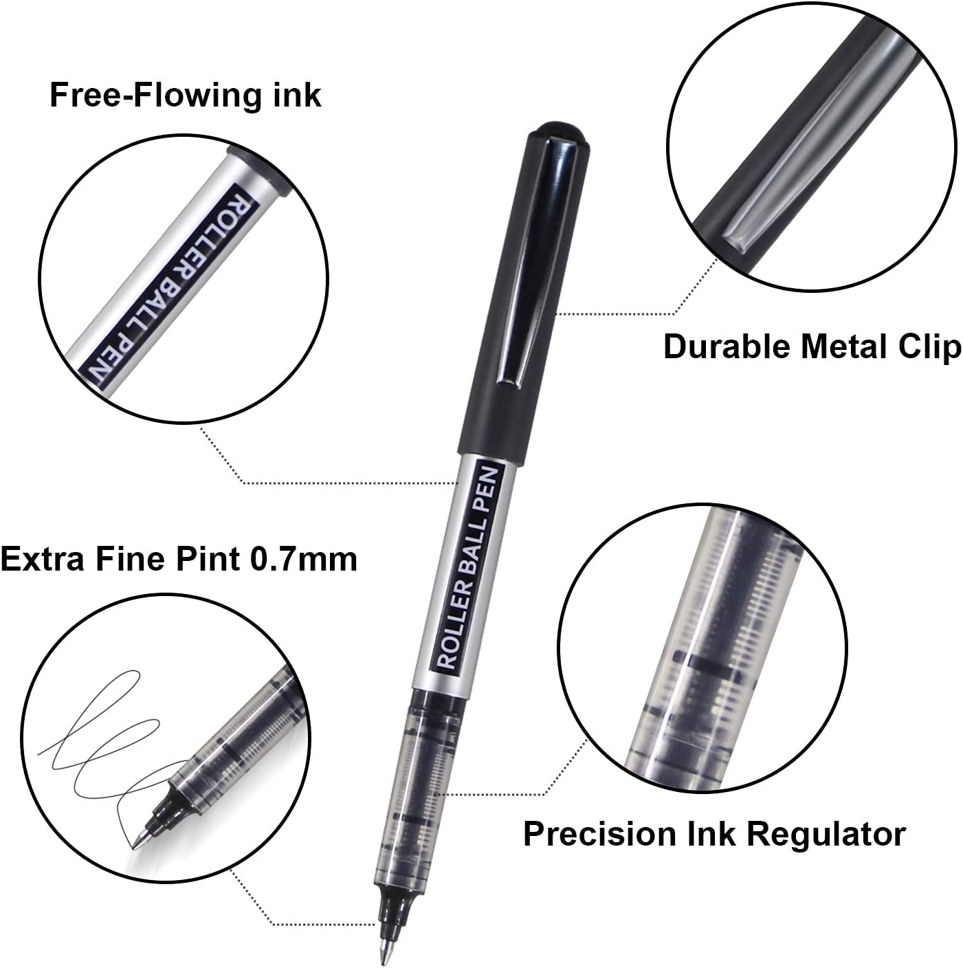 Detalle 2 de Rollerball Pen, 25 Pack Black Gel Pens 0.7 mm Fine Point Liquid Ink, Quick-Drying Ballpoint Pen for Writing, Journaling, Home Office Stationary Supplies