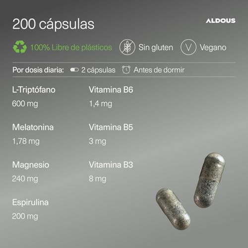 Detalle de Aldous Bio 200 Cápsulas: Triptófano con Melatonina, Magnesio y Vitaminas + Espirulina para Sueño y Descanso