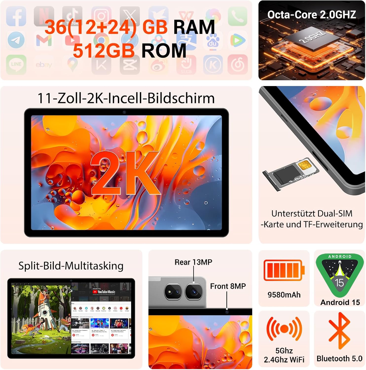 Thumbnail 1 de MAXLEGEN Tablet 11 Zoll 2K FHD mit 36GB RAM + 512GB ROM (1TB per microSD), 4G LTE Dual SIM + 5G WLAN, Android 15