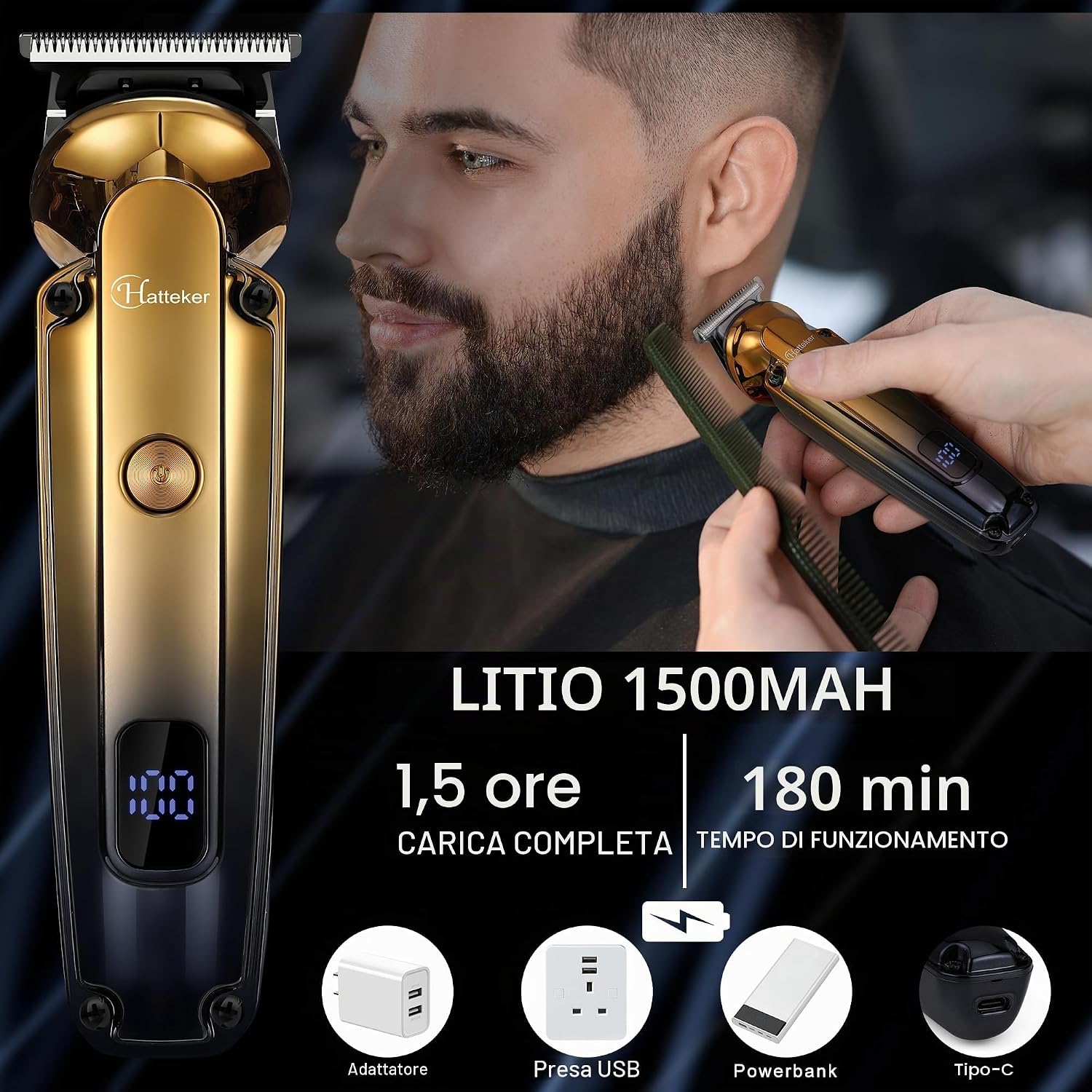 Detalle 2 de Hatteker 6-in-1 Kit Professionale: Trimmer T-blade Zero Gap, Tagliacapelli e Grooming completo per Uomo