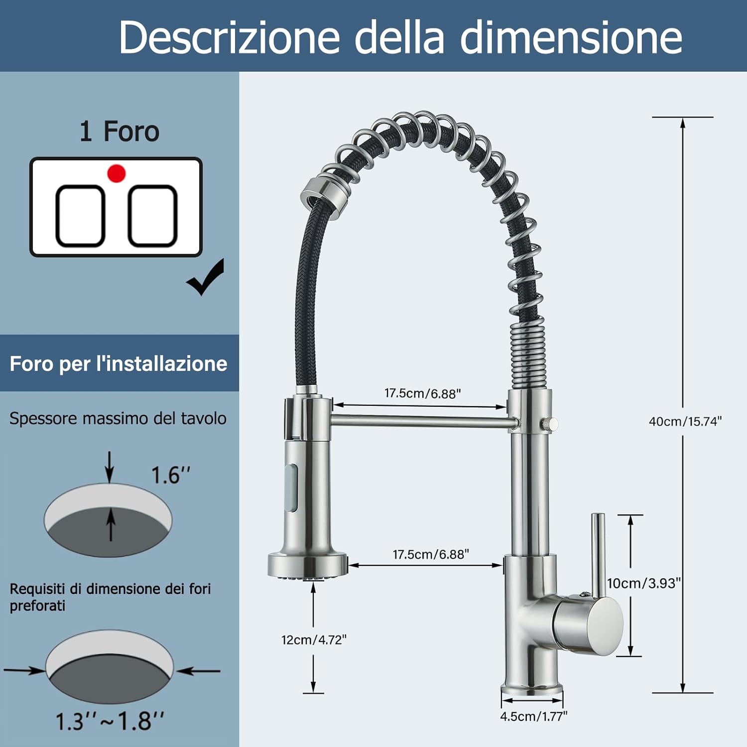 Thumbnail 5 de JUNSHENG Robinet de cuisine avec douche extractible – finition Nickel Brossé
