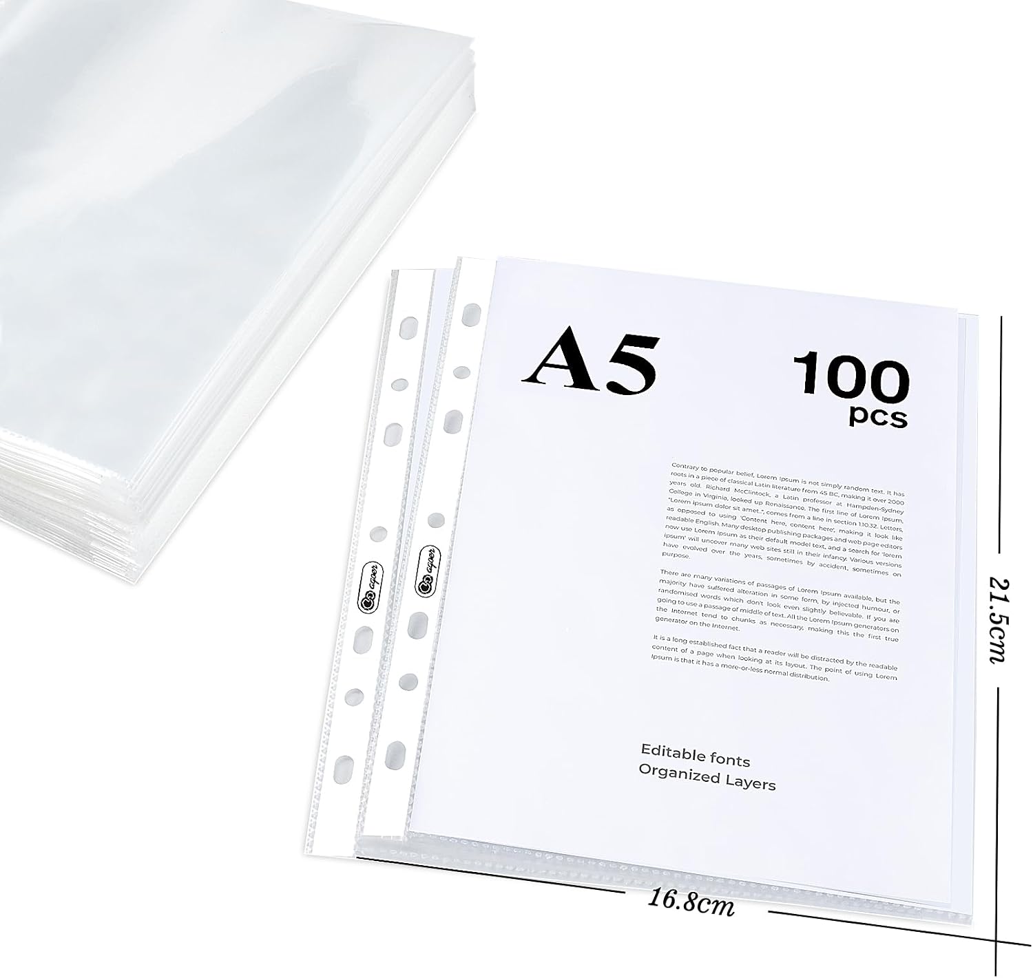 Detalle de 100 Stück DIN-A5 Prospekthüllen, Extra Stark 160µm – Klar, PP-Kunststoff, 7 Loch (A5, 21,5 × 17,3 cm)