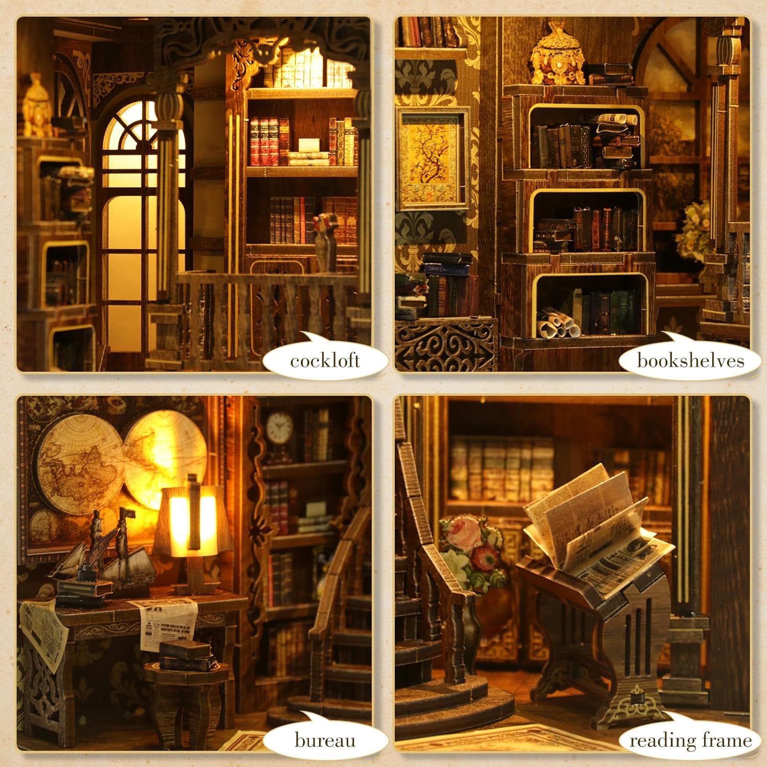 Detalle 2 de Book Nook Kit (Classic Edition): DIY Miniature Wooden Puzzle with LED Bookend