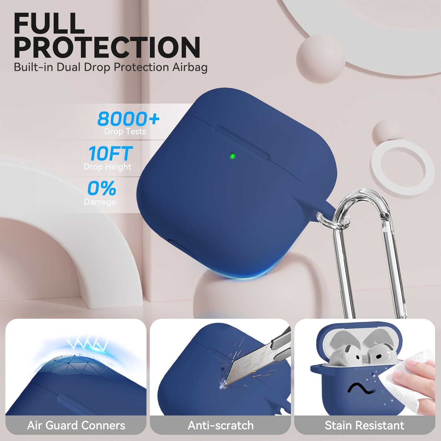 Detalle 2 de TNSNK Coque en silicone pour AirPods 4 (2024) avec fermeture magnétique, kit de nettoyage et porte-clés – M-Blue