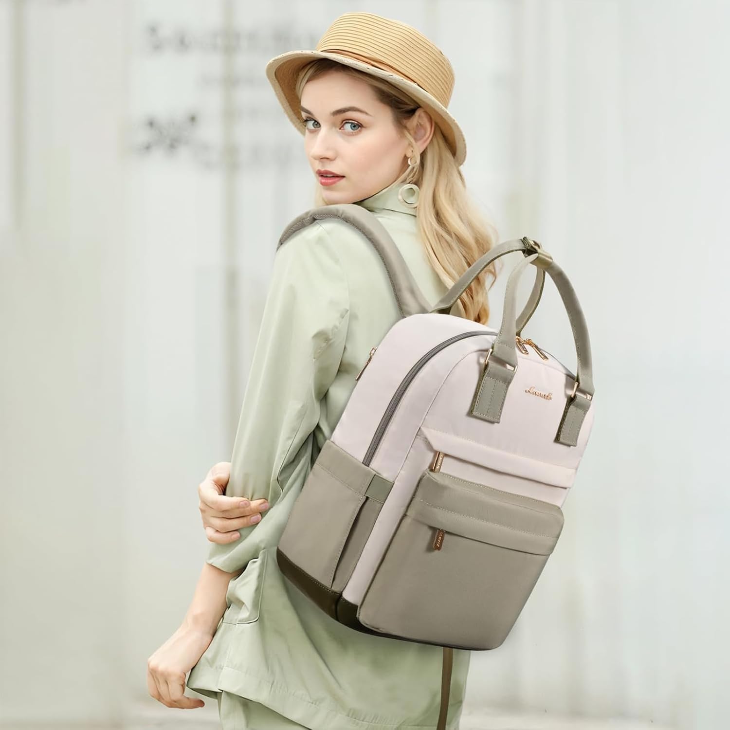 Detalle 2 de LOVEVOOK Zaino da donna impermeabile 2 in 1 con porta USB – verde/beige, 13,3 pollici