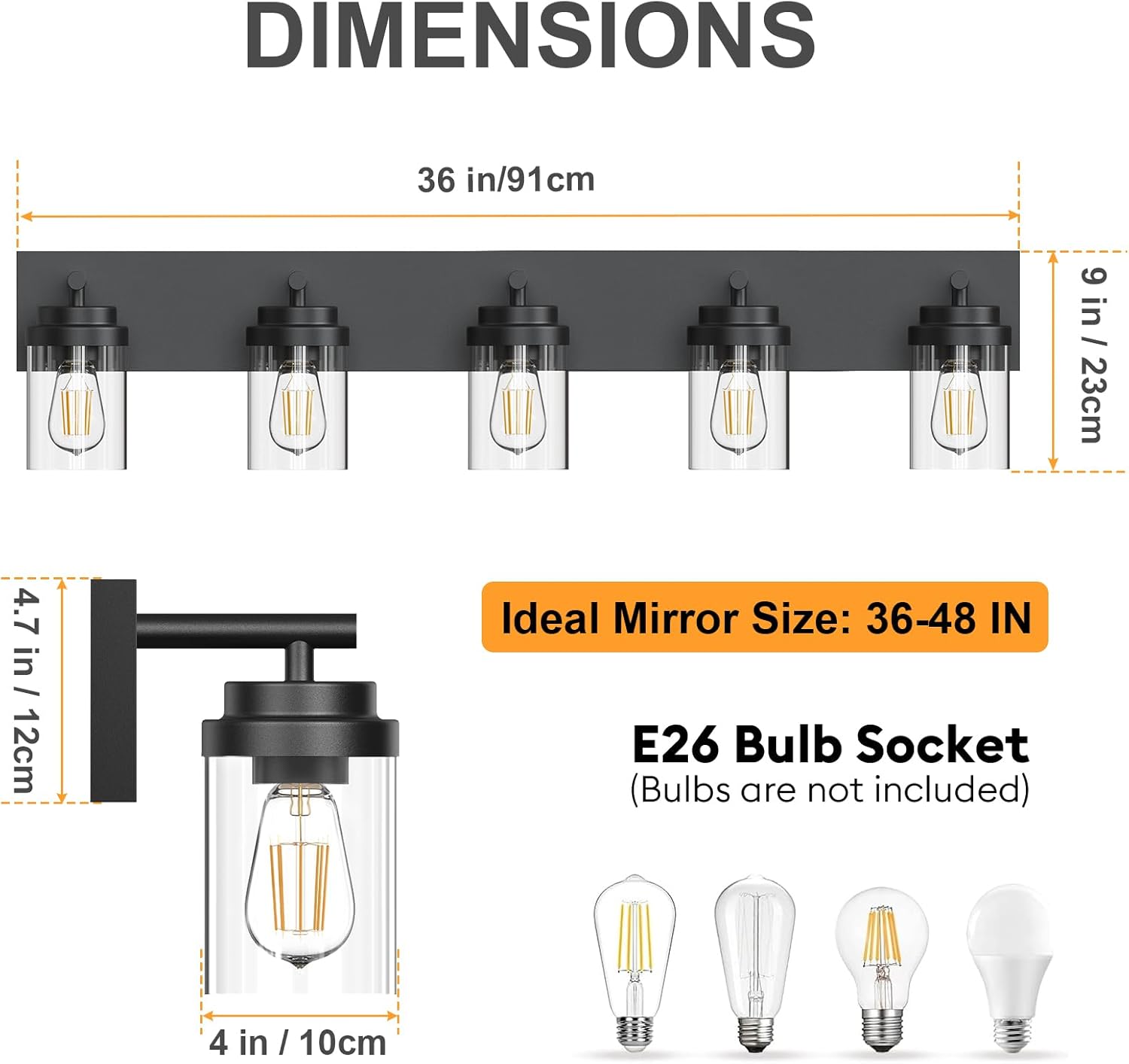 Detalle de IZORRO HL101-5T-CL 5-Light Bathroom Vanity Light, 90 cm, Matte Black
