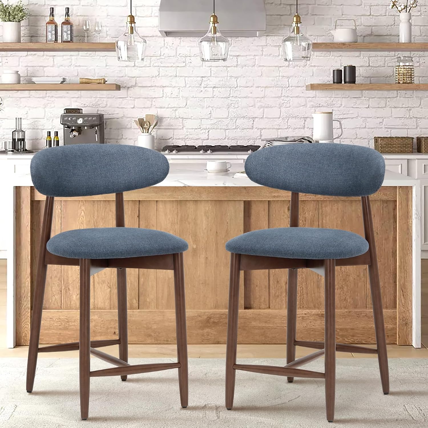 Detalle de COLAMY B6269 Counter-Height Bar Stools, Set of 2, Blue Upholstered Seats