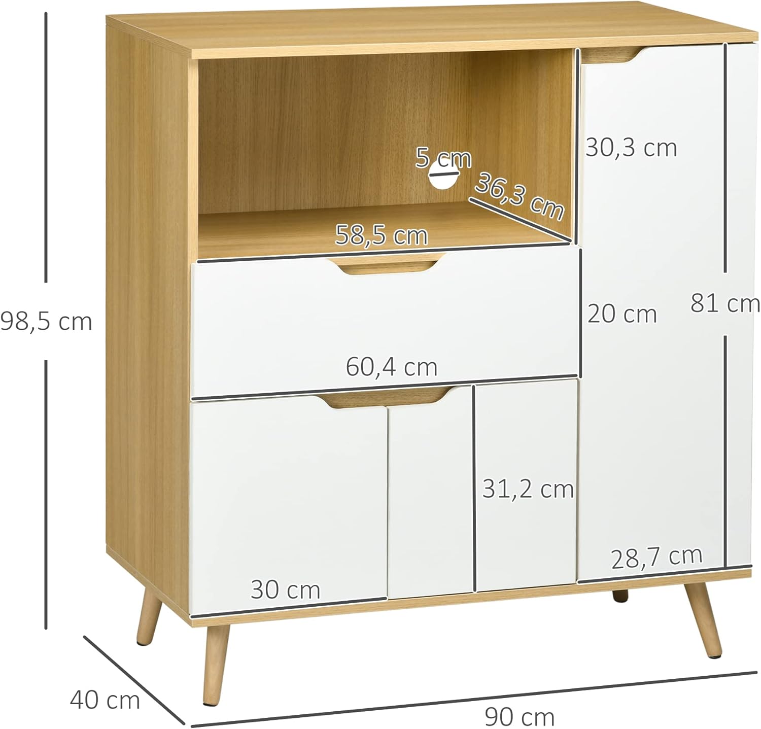 Thumbnail 2 de HOMCOM Meuble Micro-ondes Buffet Cuisine 90 x 40 x 98,5 cm – Naturel et Blanc