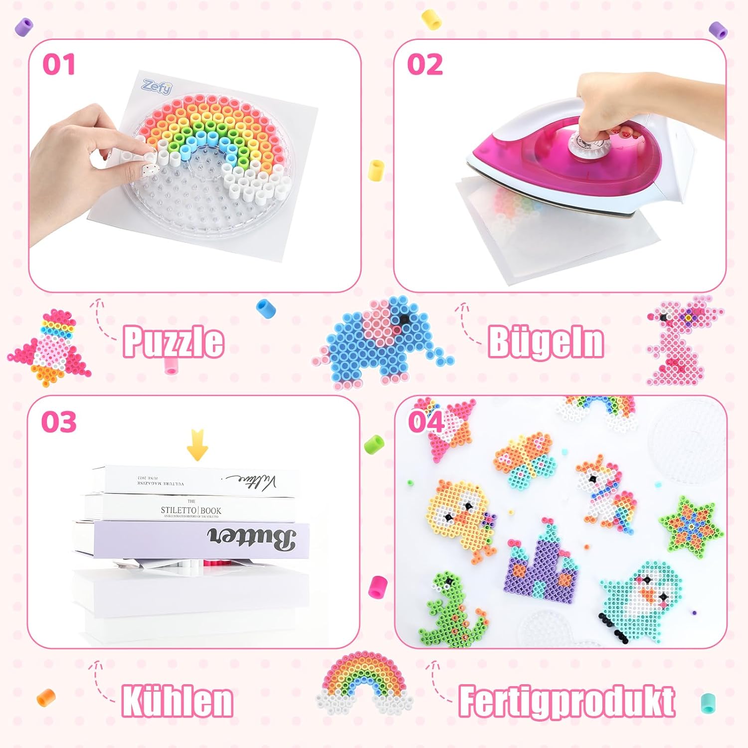 Detalle de Zefy 10mm Bügelperlen Set Maxi: 1100 XL Perlen, 4 Steckplatten und Geschenkbox (Pastell)