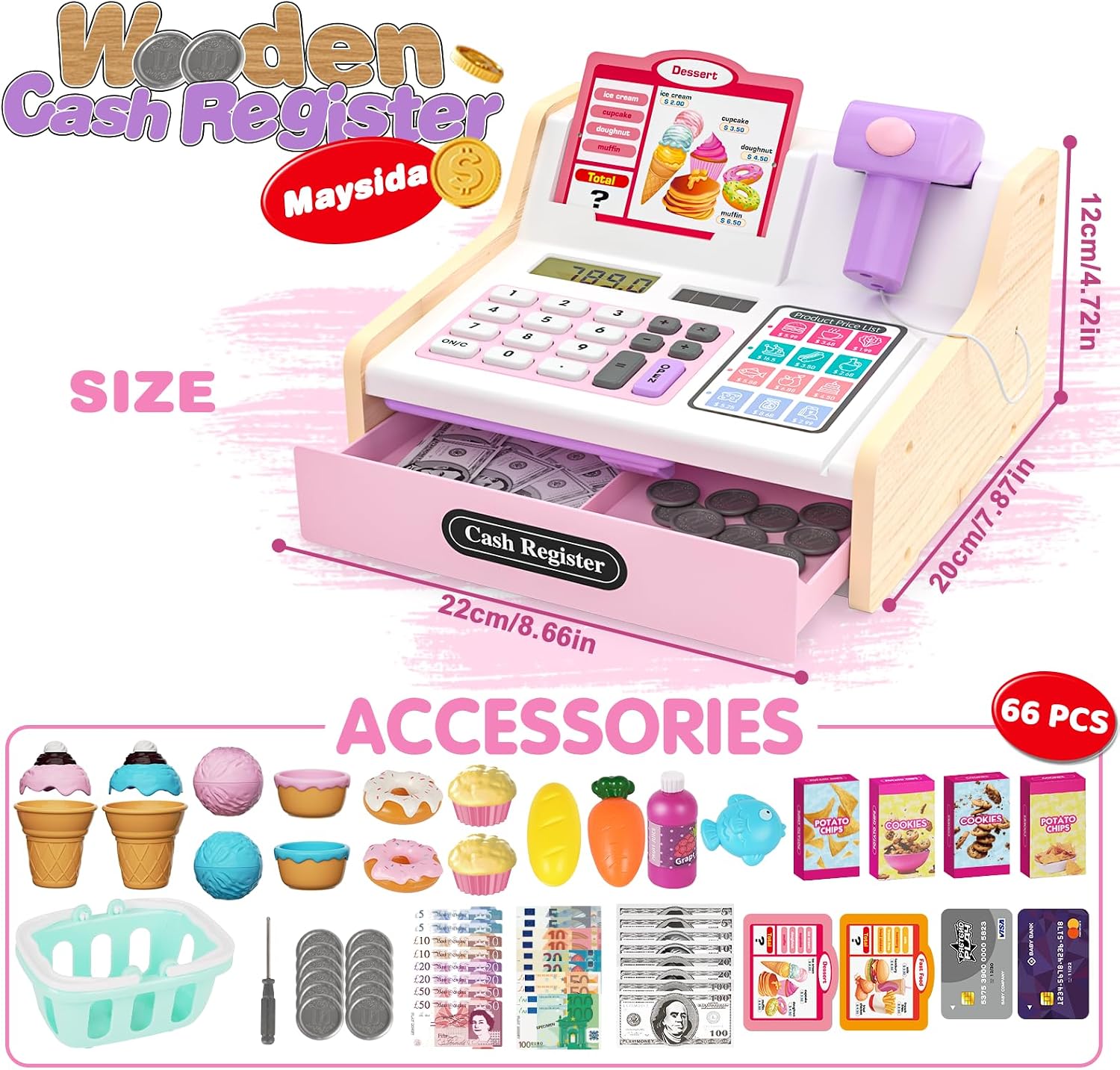 Detalle de Maysida Kinderkasse Holz-Registrierkasse mit Scanner & Sound – rosa