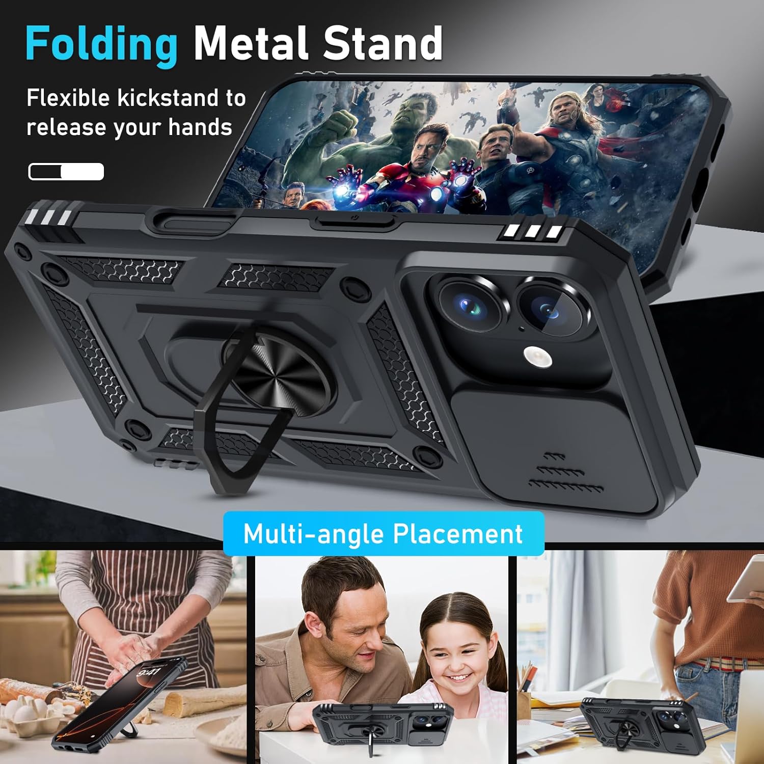 Detalle de Janmitta Case for iPhone 14 & 13: Heavy-Duty Case with Slide Camera Lens Cover, Built-In Screen Protector, Kickstand, and Finger Ring
