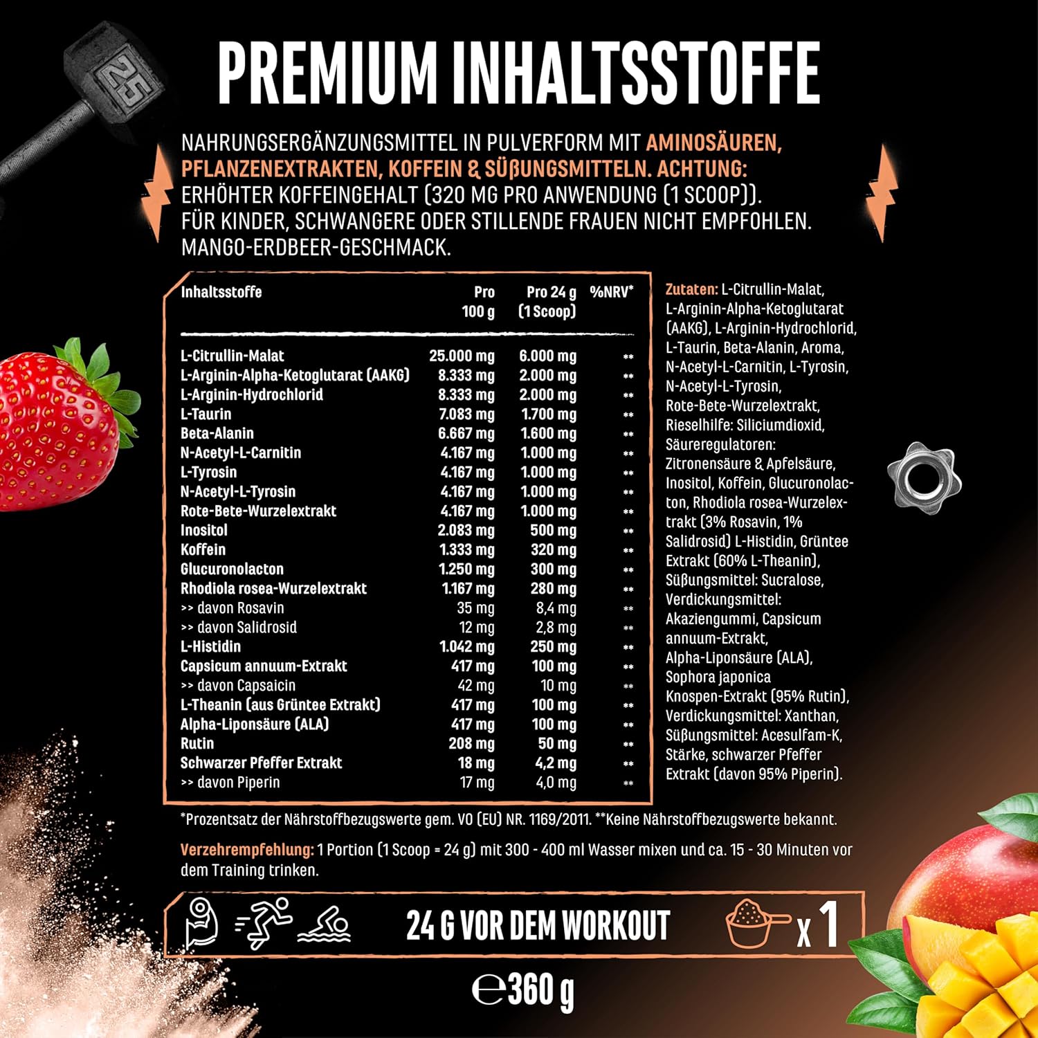 Thumbnail 6 de Push it to the Limit Pre Workout (360 g) mit L-Arginin, Citrullin, Theanin, Rhodiola & Koffein – Mango Strawberry